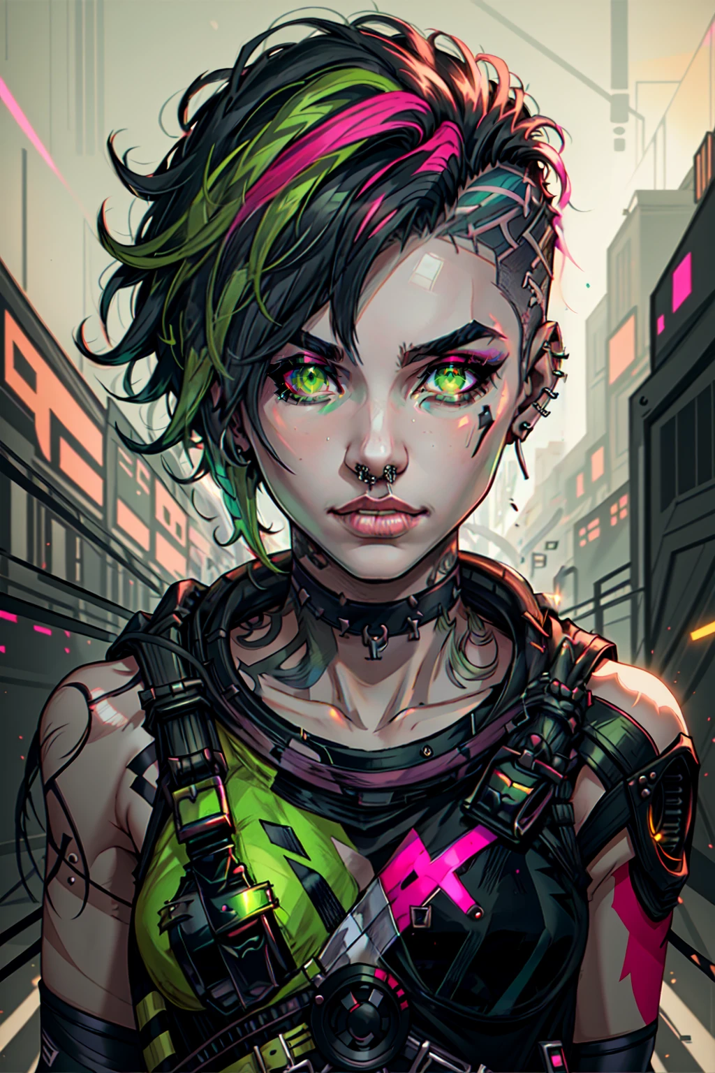 Holo-Punk Style, 1girl, black hair, closed mouth, cyberpunk, ear piercing, earrings, eyebrow piercing, green eyes, green hair, hair over one eye, jewelry, lips, looking at viewer, multicolored hair, nose, piercing, pink hair, portrait, short hair, solo, streaked hair, tattoo, two-tone hair, undercut <lora:HoloPunk:0.8>