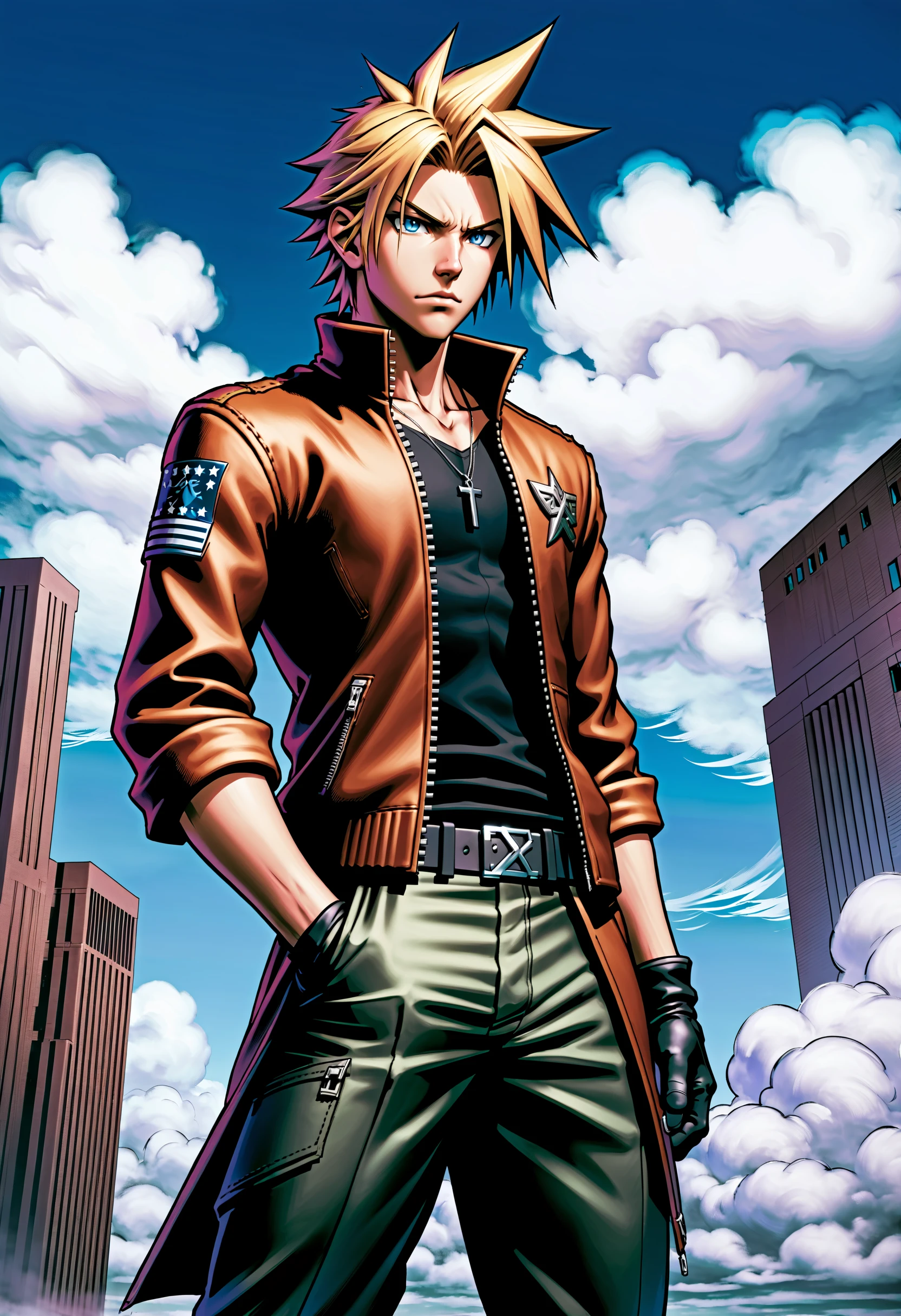 1boy, male focus,  Cloud Strife from Final Fantasy 7, FBI headquarters, indoors,