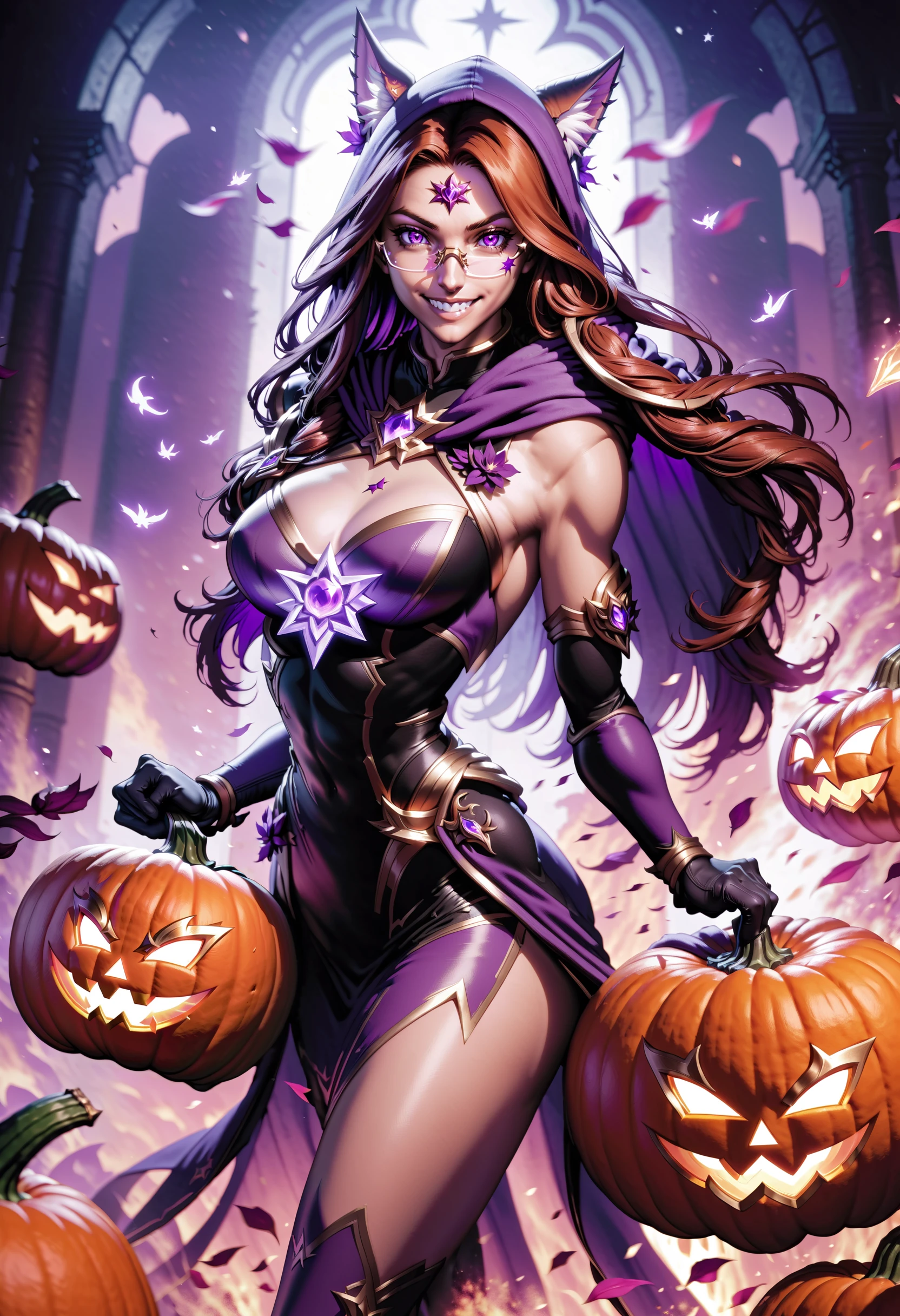 1boy, 1girl, black gloves, blurry, fire, flower, glasses, holding, hood, lol style, long hair, medium breasts, muscular male, pants, petals, piercing, pouch, pumpkin, purple dress, shoulder armor, smile, solo, standing, star guardian (league of legends)
<lora:LeagueofLegSDXL:0.8>