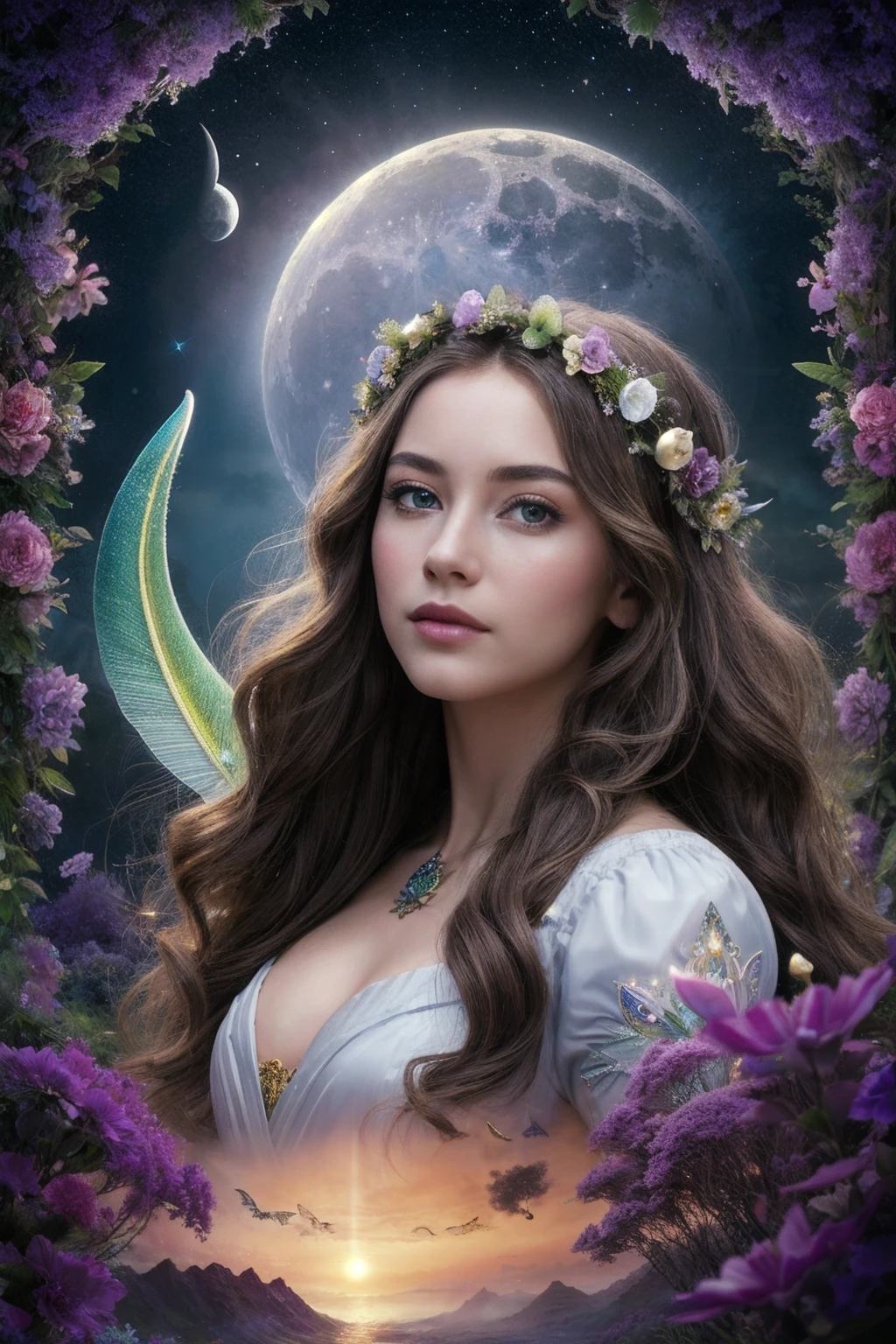 (high quality:1.4), (best quality:1.4), (masterpiece:1.4), official art, official wallpaper, surreal, beautifulgoddess, (1woman:1.1), (long wavy hair:1.1), (flower crown:1.1), (mystical creatures:1.1), (floating islands:1.1), (detailed landscape:1.1), (magic in the air:1.1), (stardust:1.1), night sky, (whimsical atmosphere:1.1), (dreamlike world:1.1), (bubbles:1.1), flying books, (luna moths:1.1), (moonlight:1.1), enchanted forest, (wisdom:1.1), (powerful energy:1.1), (guardian angels:1.1), (peaceful:1.1), vibrant colors, (detailed:1.05), (extremely detailed:1.06), sharp focus, (intricate:1.03), cinematic lighting, (extremely intricate:1.04), (epic scenery:1.09), vibrant colors, (beautiful scenery:1.08), (detailed scenery:1.08), (intricate scenery:1.07), (wonderful scenery:1.05),, (sharp focus,absurdres,high quality,masterpiece,highres,best quality:1.5)