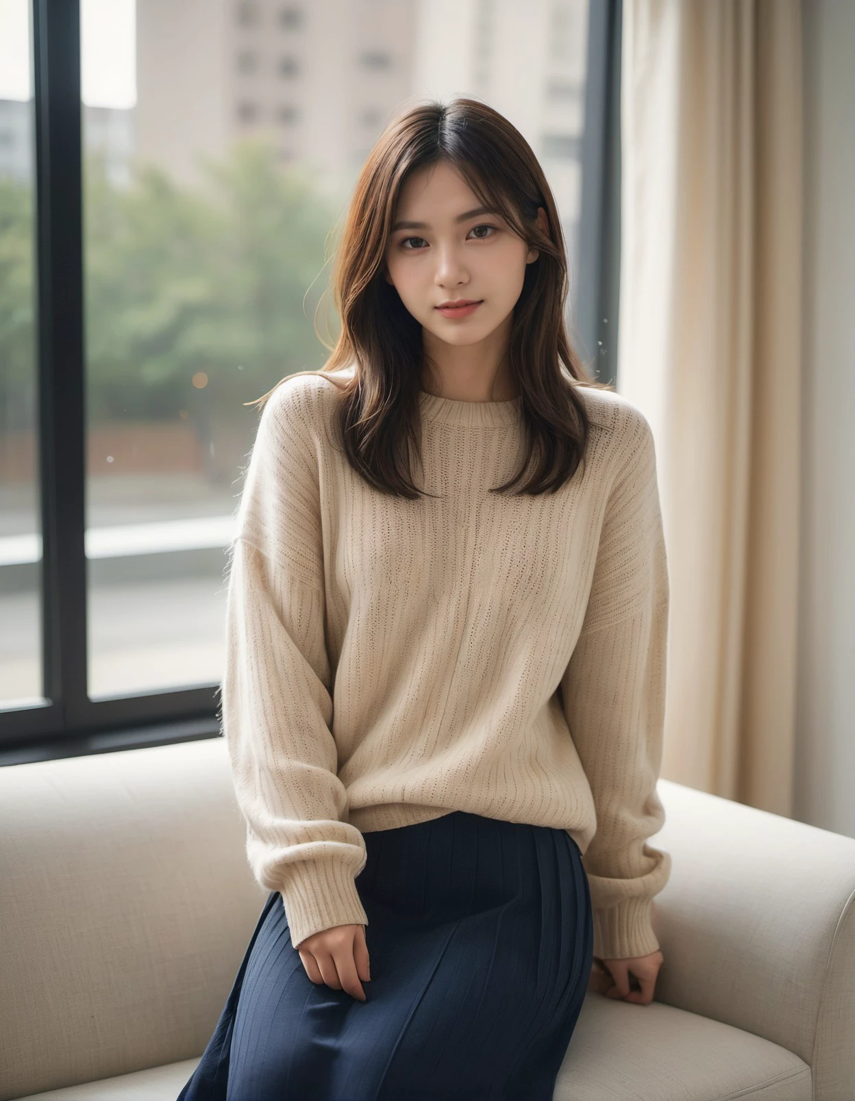 japanese woman, cute, (looking away:2),(archaic smile:0.7),
(dark brown eyes, pupil, Lights in the eyes:1.5),
(long bob hair),(full body),
(dark brown loose knit sweater,(tuck-out sweater:3), (sweater pull:3)),(plaid long skirt),
(in bright room:2),(curtains, sofa, table, chair, see-through curtain:2), (Trees outside the window),spring,