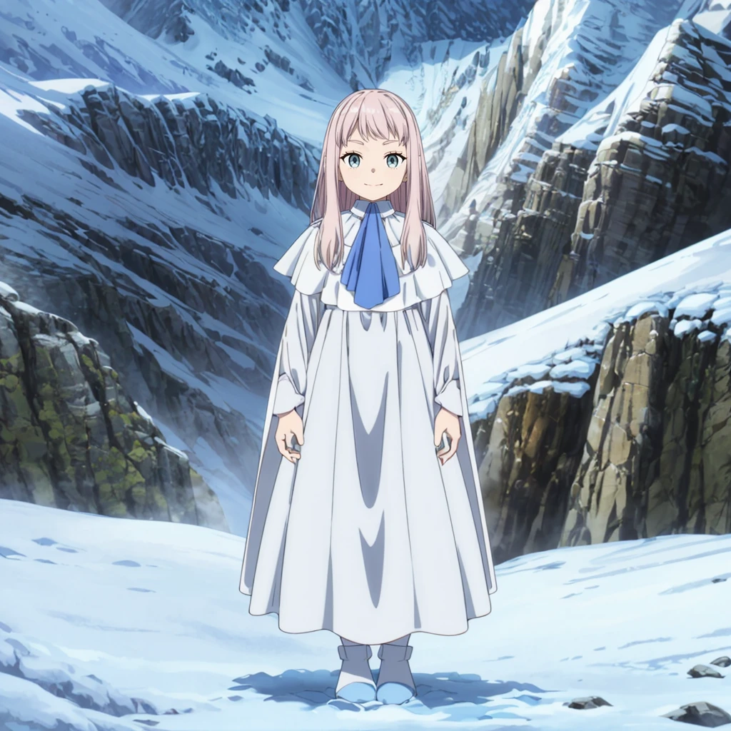 <lora:ChiefofSwordVillage001:0.7>,<lora:add_detail:1>,looking at viewer,
ChiefofSwordVillage,1girl,pink hair,
blue dress,long_sleeves,blue ascot,white capelet,frill cape,
blue long_skirt,
snow,village,mountain,
full body,