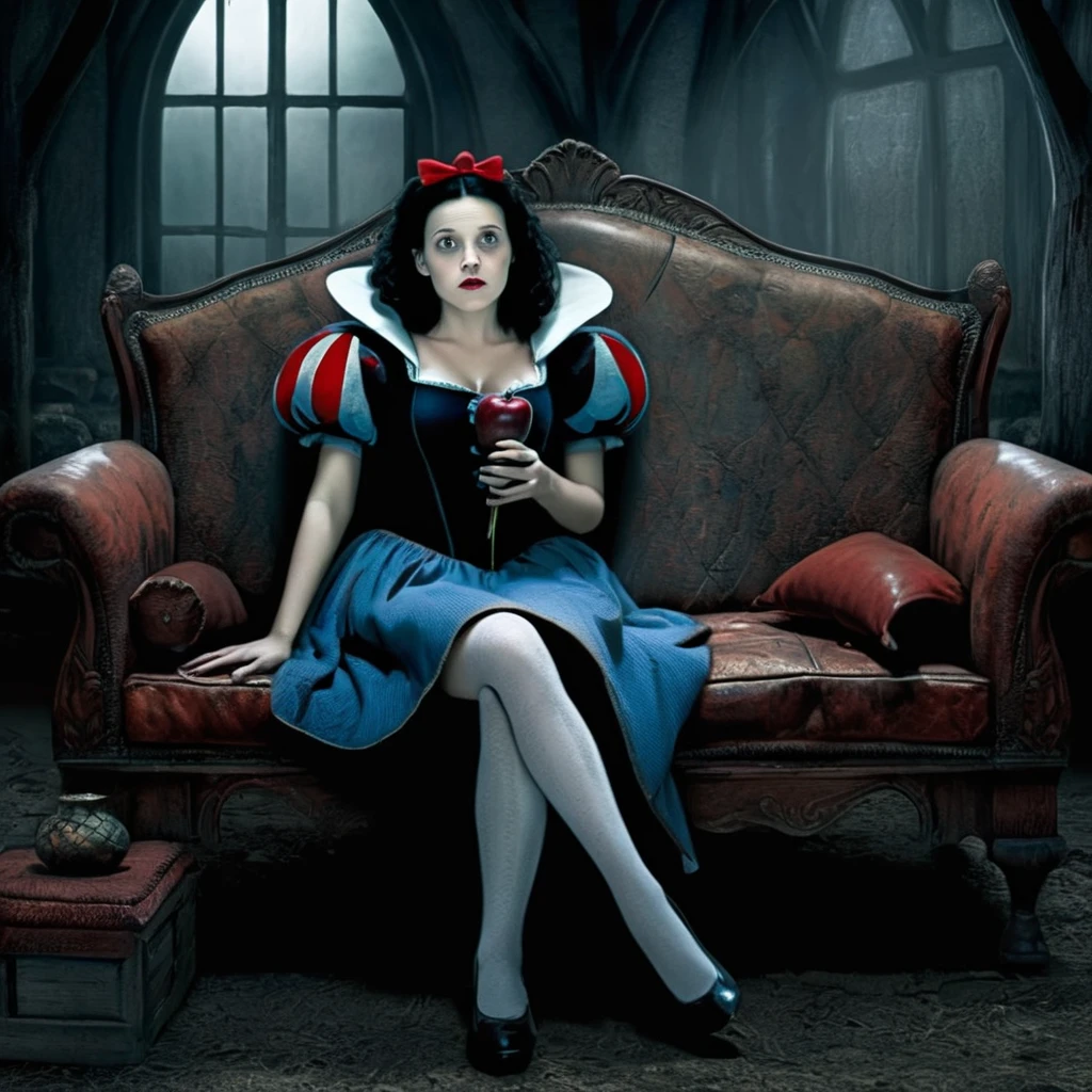 Horror-themed, <lora:Snow White2:1.2>
Snow White a woman in a dress is sitting on a couch in middle ages, Eerie, unsettling, dark, spooky, suspenseful, grim, highly detailed