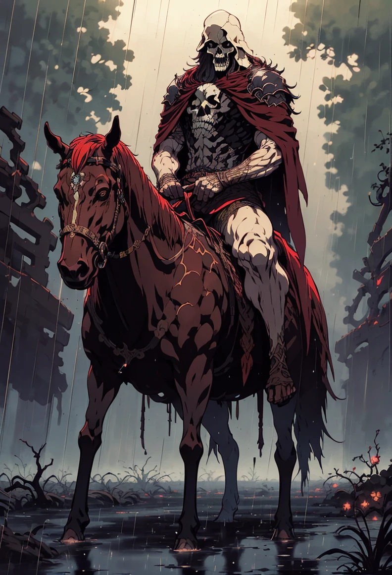 a man riding on the back of a horse in the rain with a skull ashis head, elden ring, concept art, fantasy art <lora:Retro_Anime-000002:.7> retro anime,