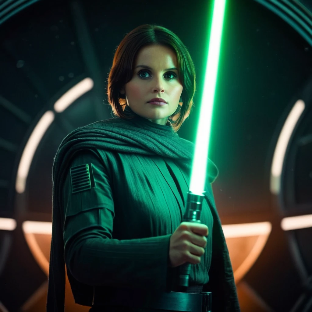 cinematic film still of <lora:Jyn Erso:1.2>
Jyn Erso a greeneyes woman with a star wars light saber in her hand posing behind a big death star with tie fighters in star wars universe, shallow depth of field, vignette, highly detailed, high budget, bokeh, cinemascope, moody, epic, gorgeous, film grain, grainy