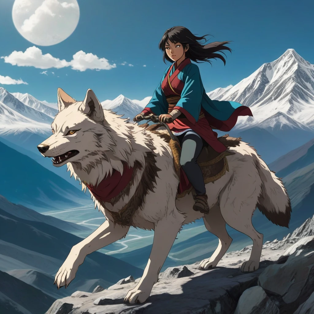 anime shot of a woman riding a wolf on tibetan mountains