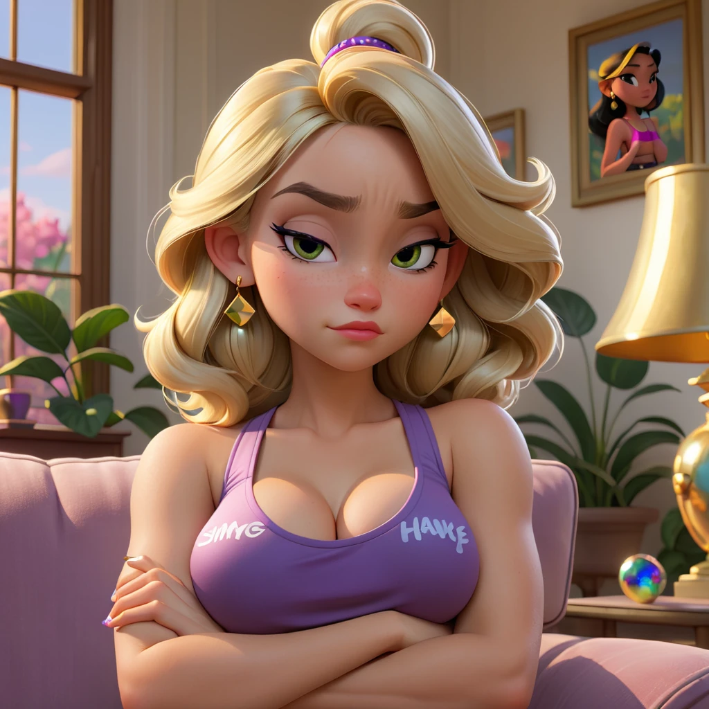 modisn disney, blonde girl, crossed arms, looking at viewer, (smug:1.15), (annoyed:1.15), (eyes half closed:1.2), crop top, breasts, earrings, nail polish, perfect hands. living room scenery, highly detailed, very intricate, high resolution, very high quality, detailed and intricate, ray tracing reflections, golden hour