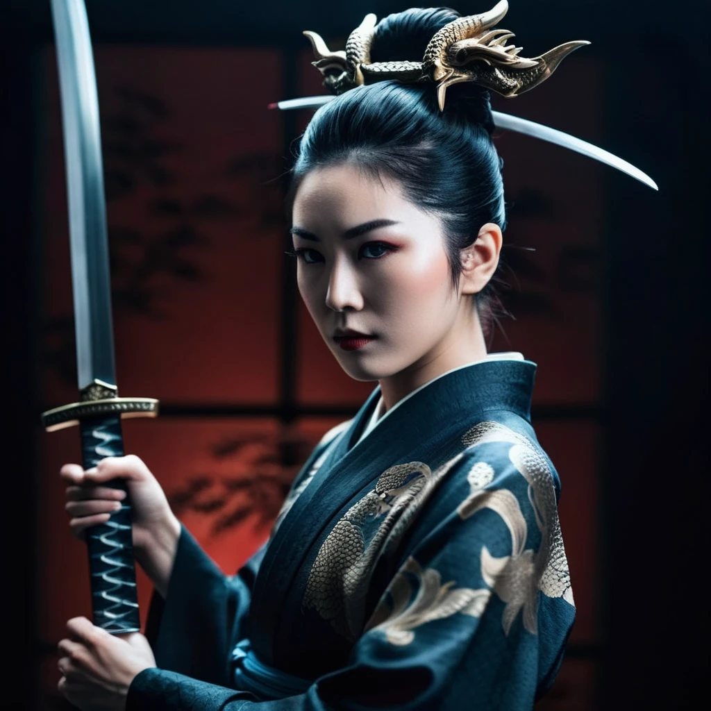 cinematic film still of <lora:female samurai style:1.2>
an epic cinematic photo of a geisha woman with an epic dragon tattoo holding a and epic legendary sword in a dark studio female samurai style, shallow depth of field, vignette, highly detailed, high budget, bokeh, cinemascope, moody, epic, gorgeous, film grain, grainy