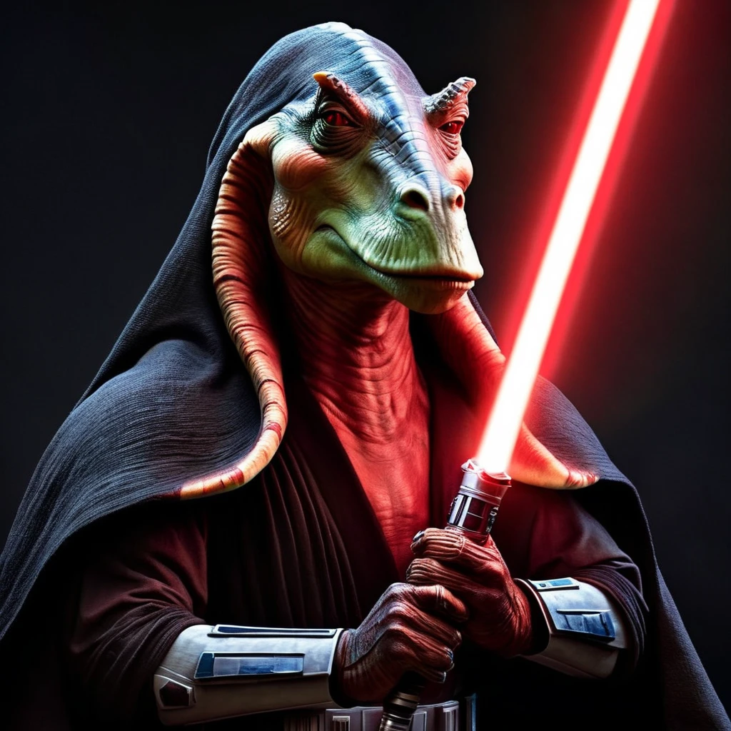 Hyperrealistic art of <lora:darth jar jar binks:1.2>
darth jar jar binks a creature in a star wars costume holding a light saber in star wars universe, Extremely high-resolution details, photographic, realism pushed to extreme, fine texture, incredibly lifelike