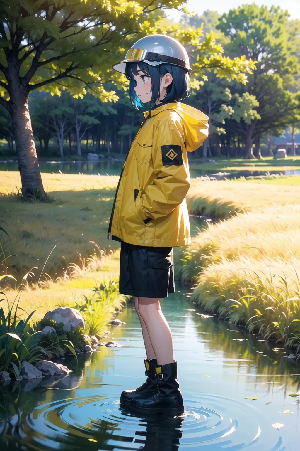 (best quality, masterpiece:1.1), full body, sideview, (1female), lonely face, blue hair, very short hair, pointy hair, explorer helmet, explorer jacket, white shirt, short cargopants, explorer boots, (savana, (dry, yellow grass land), tree, (river)),