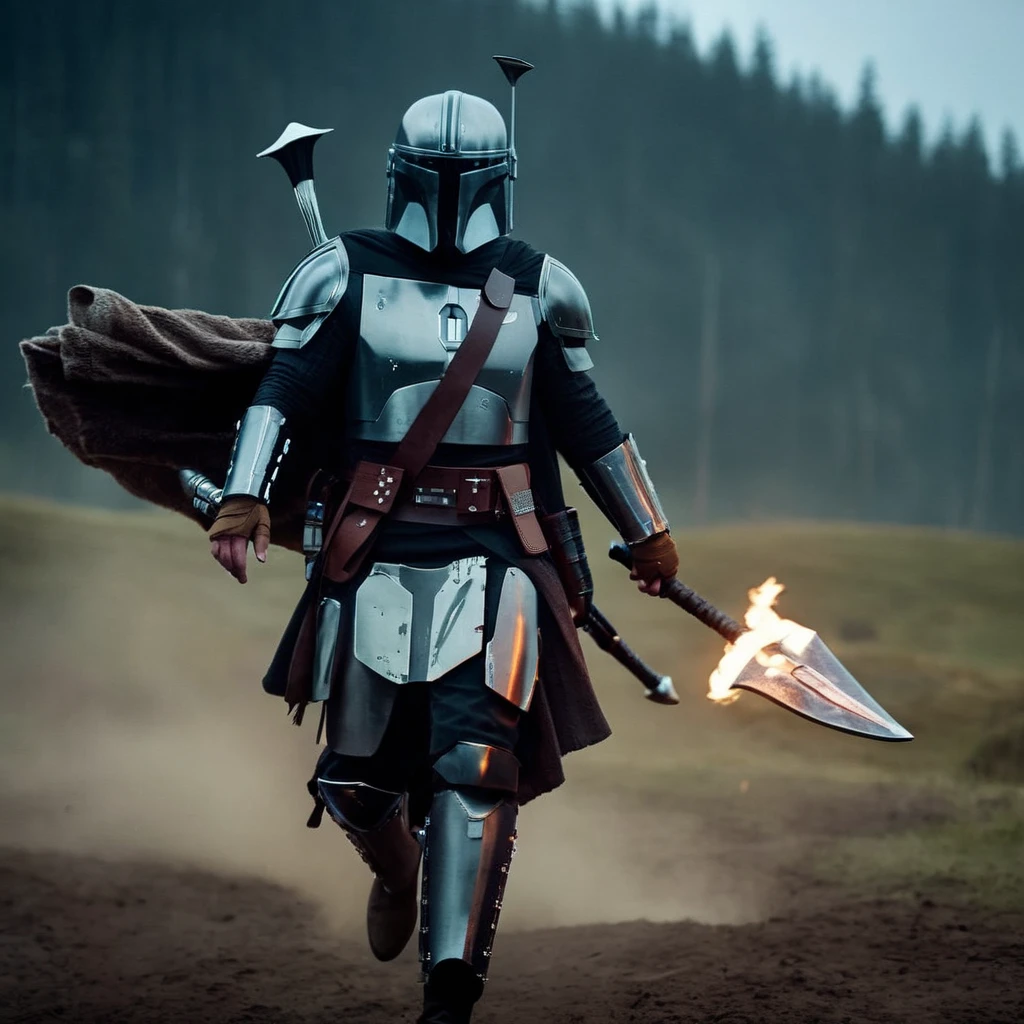 cinematic film still of  <lora:Mandalorian style:1.2>
in star wars universe a man in viking armor riding a horse with two viking axes Mandalorian style, shallow depth of field, vignette, highly detailed, high budget, bokeh, cinemascope, moody, epic, gorgeous, film grain, grainy