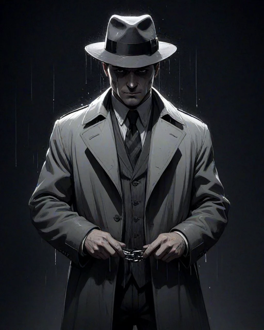 (Film noir style:1.4), intimidating portrait of Rorschach from watchmen, cyber-implants, neo-noir cyberpunk, dark, gritty, hard rain, rain splashes, heavy rain, wet clothes, dripping face, cyberpunk 2077 poster art by Brian Oldham and Conor Harrington, action pose, highly detailed, UHD, <lora:add-detail-xl:1> <lora:offset_0.2:1>, (Monochrome:1.2), high contrast, dramatic shadows, 1940s style, mysterious, cinematic