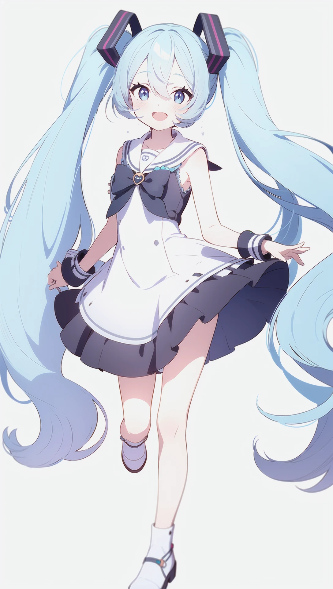 1girl solo twintails hatsune_miku long_hair white_footwear blue_eyes smile white_background blue_hair very_long_hair simple_background wrist_cuffs sleeveless :d looking_at_viewer blue_sailor_collar dress bangs frills standing_on_one_leg sailor_collar standing open_mouth white_dress streaked_hair multicolored_hair pink_hair hair_between_eyes bare_shoulders single_wrist_cuff