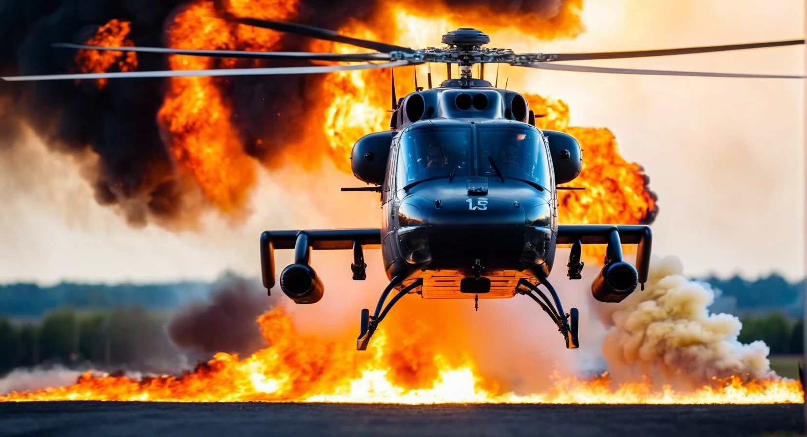 cinematic film still of <lora:cinematic explosion style:1.5>
a helicopter flying in front of a bunch of fire cinematic explosion style, shallow depth of field, vignette, highly detailed, high budget, bokeh, cinemascope, moody, epic, gorgeous, film grain, grainy