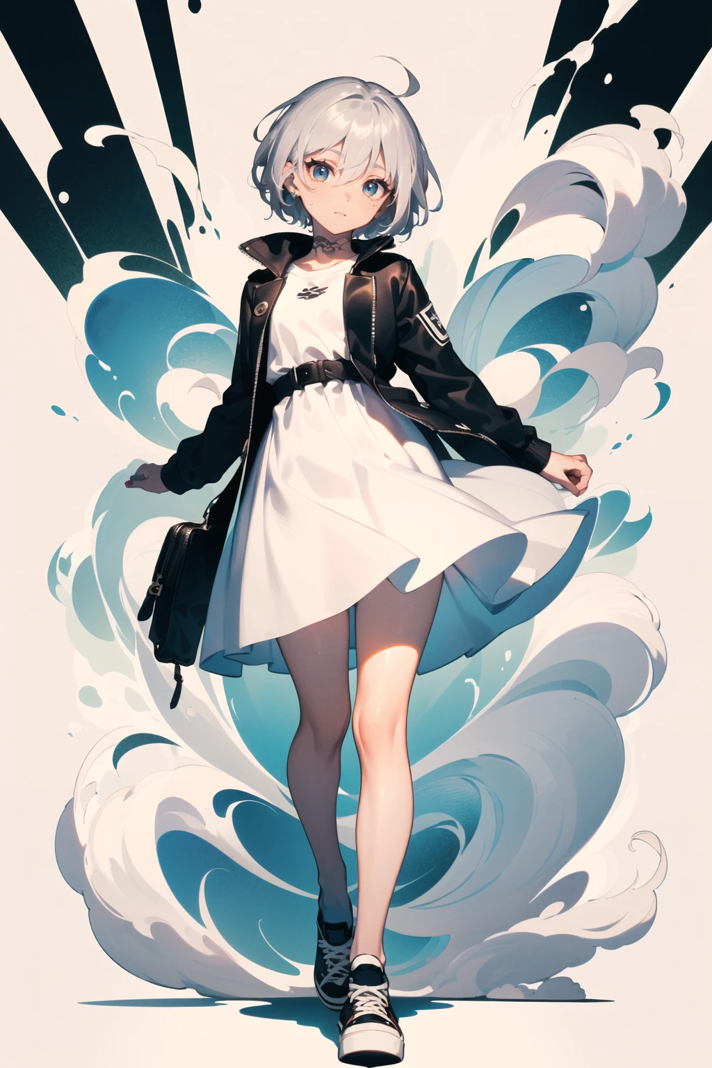 masterpiece,(best quality),(1girl) ,solo,(high contrast:1.2),(high saturation:1.2), ((hands on the pocket)),((black and white sdress)),looking at viewer,((white and light blue theme:1.3)),((white and light blue background:1.5)),white hair,blue eyes,((walking:1.3)),full body,black footwear,((the light blue water on sky and white cloud and day)),((from above:1.2)),