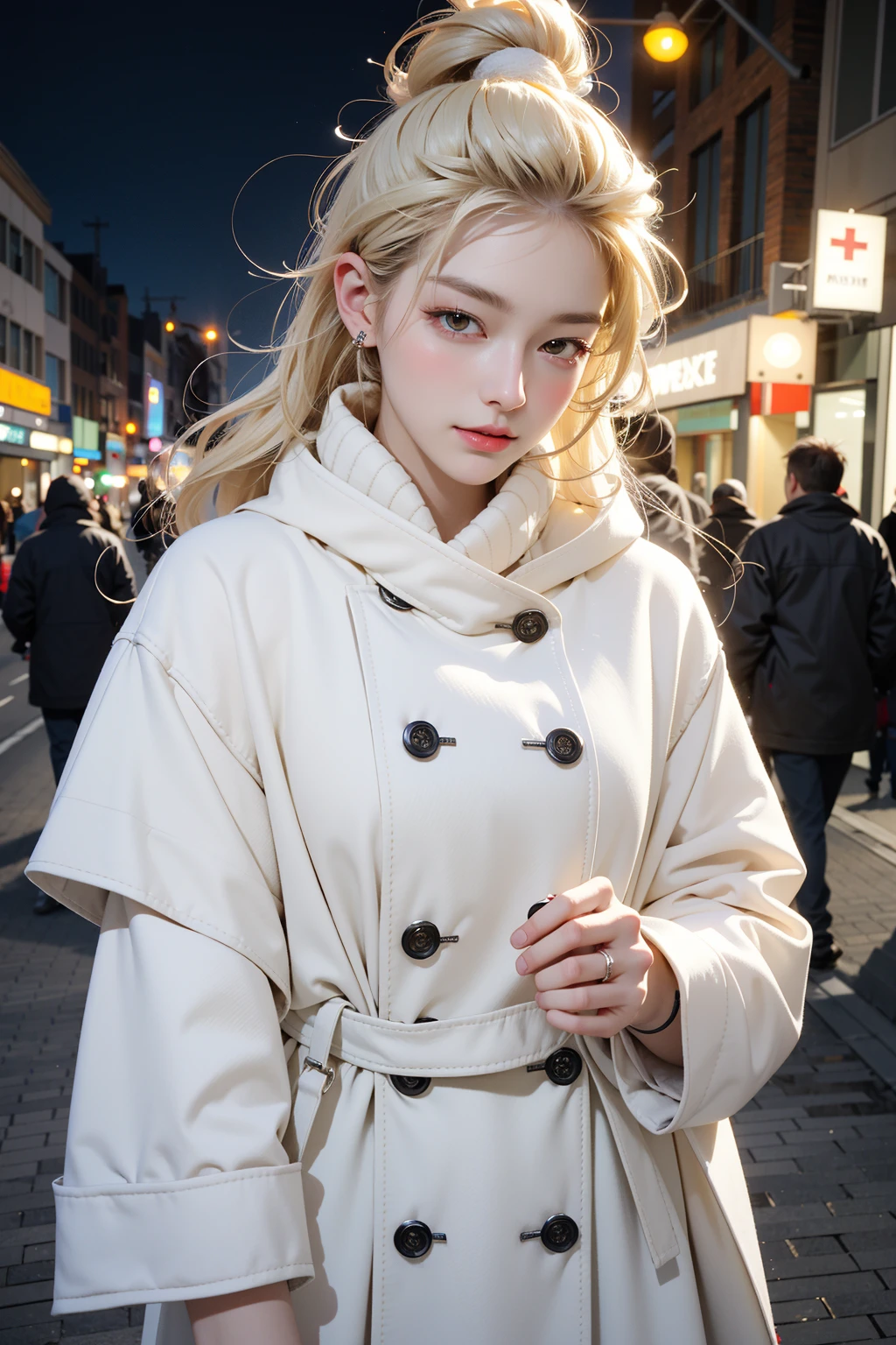 masterpiece, best quality, 1girl, shiny skin, cinematic lighting, medium breasts, looking at viewer, messy hair, blonde hair, yellow eyes, solo, autumn, outdoors, smile, (a pale flush, alive skin), winter, ribbed, walking, city, shopping, dynamic angle, close-up, ultra-detailed, 8k, rtx, ambient occlusion, rim lighting, bustling,a fashion influencer,winter outfit,snowy,winter,cold,Muffler , (The streets at night were all in the Christmas spirit.), (make a dent in one's impression.)