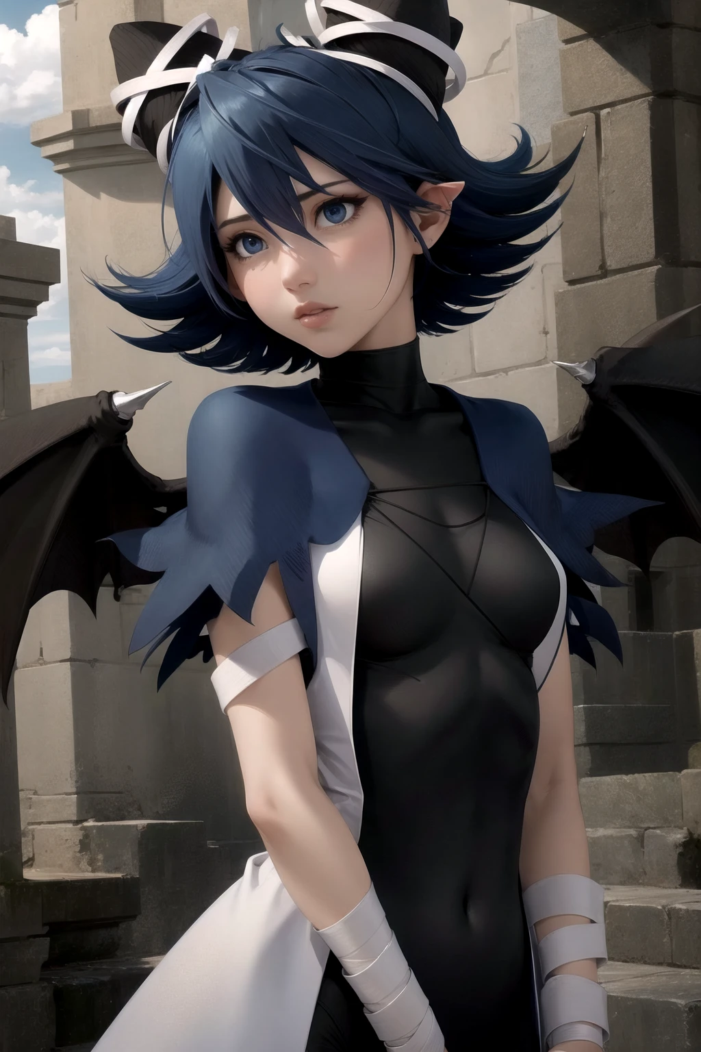 <lora:RtPL-SereneV3:0.99> serene_\(riviera\), blue_capelet, white_coat, black_bodysuit, black_headwear, bandages, short_hair, beautiful, (masterpiece:1.2), (best quality:1.2), perfect eyes, perfect face,<lora:perfectfingers:1.0>