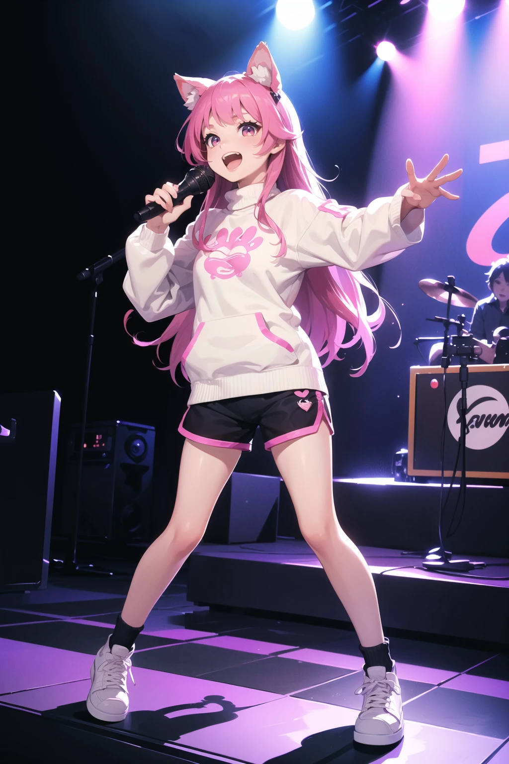 (best quality, masterpiece:1.1),   full body,  looking outside,   (1female), ecstasy face, hot pink hair, absurdly long hair, pointy hair,      (animal ears, beaver ears),   (pullover, shorts:1.2), (Idol:1.2), (singer:1.2), ( upstage, (outdoors), simple background, (Idol), (singer)),