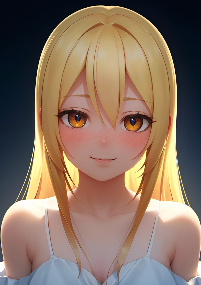 (high-quality, masterpiece:1.2, close portrait, 8k full HD, anime illustration) of a (beautiful girl), (long hair, blonde hair, pretty face:1.3, bare shoulders, cute smile, blushing), (dynamic angle, most detailed illustration), (ecstasy of light and shadow, volumetric light and shadows:1.2), (contest winner illustration)