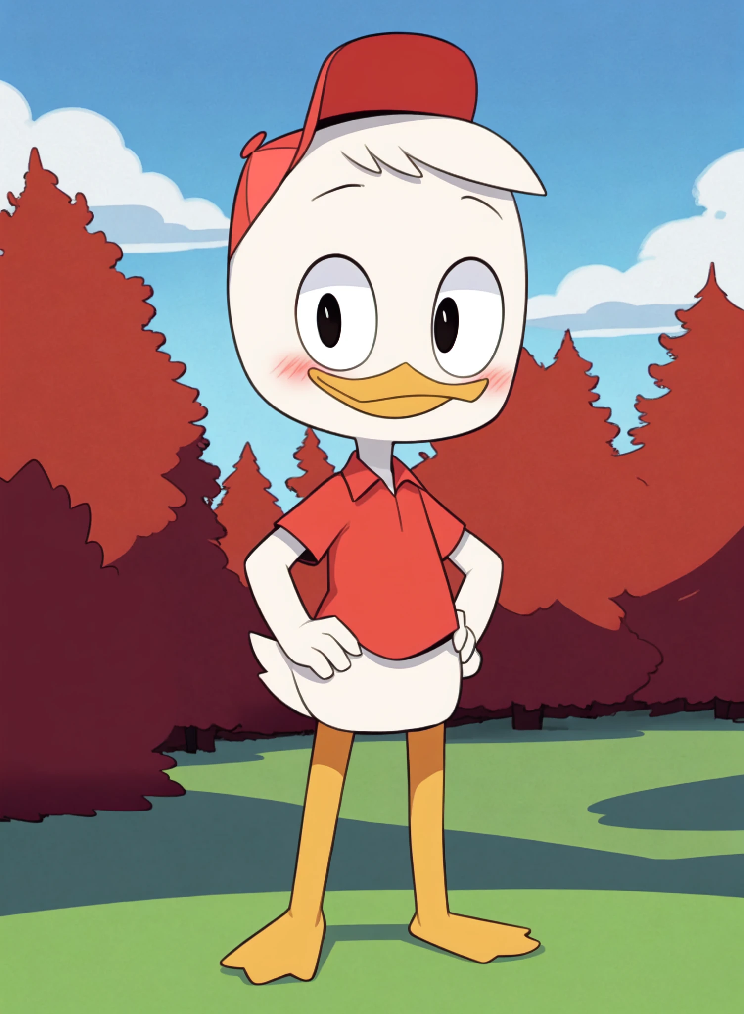 <lora:Huey Dewey Louie V1:0.5> (ducktales:1.2) (by bebebebebe:1) (by r-mk:1.2) (by kyurisawa:1.2) BREAK huey duck, white skin, white hair, detailed background, outside, clouds, sky, grass, orange legs, blush, standing, solo, black eyes, hand on hip, confident:1.2, red shirt, red hat, headwear, young, looking at viewer, bottomless, small pupils, 4 fingers