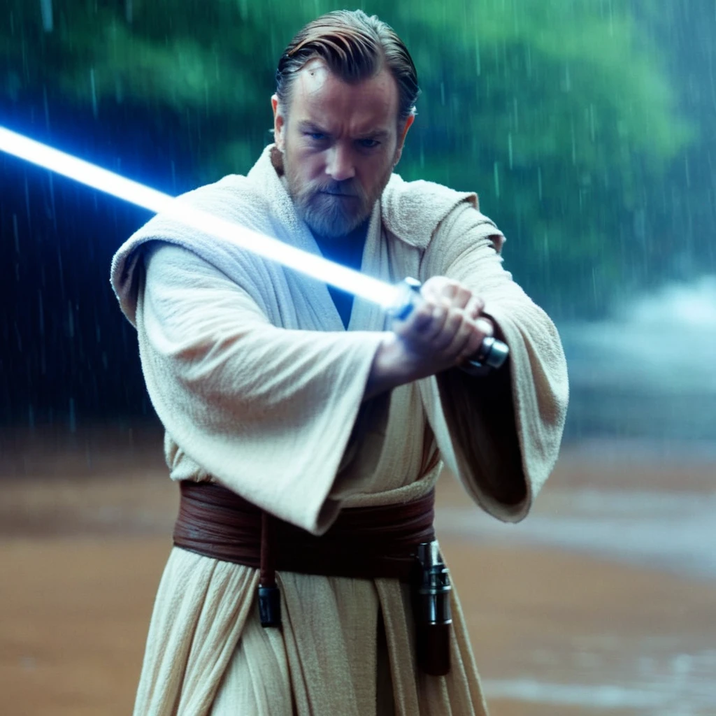 cinematic film still of <lora:Obi-Wan Kenobi:1.2>
Obi-Wan Kenobi a wet man in a wet robe holding a light saber in the rain in star wars universe, shallow depth of field, vignette, highly detailed, high budget, bokeh, cinemascope, moody, epic, gorgeous, film grain, grainy