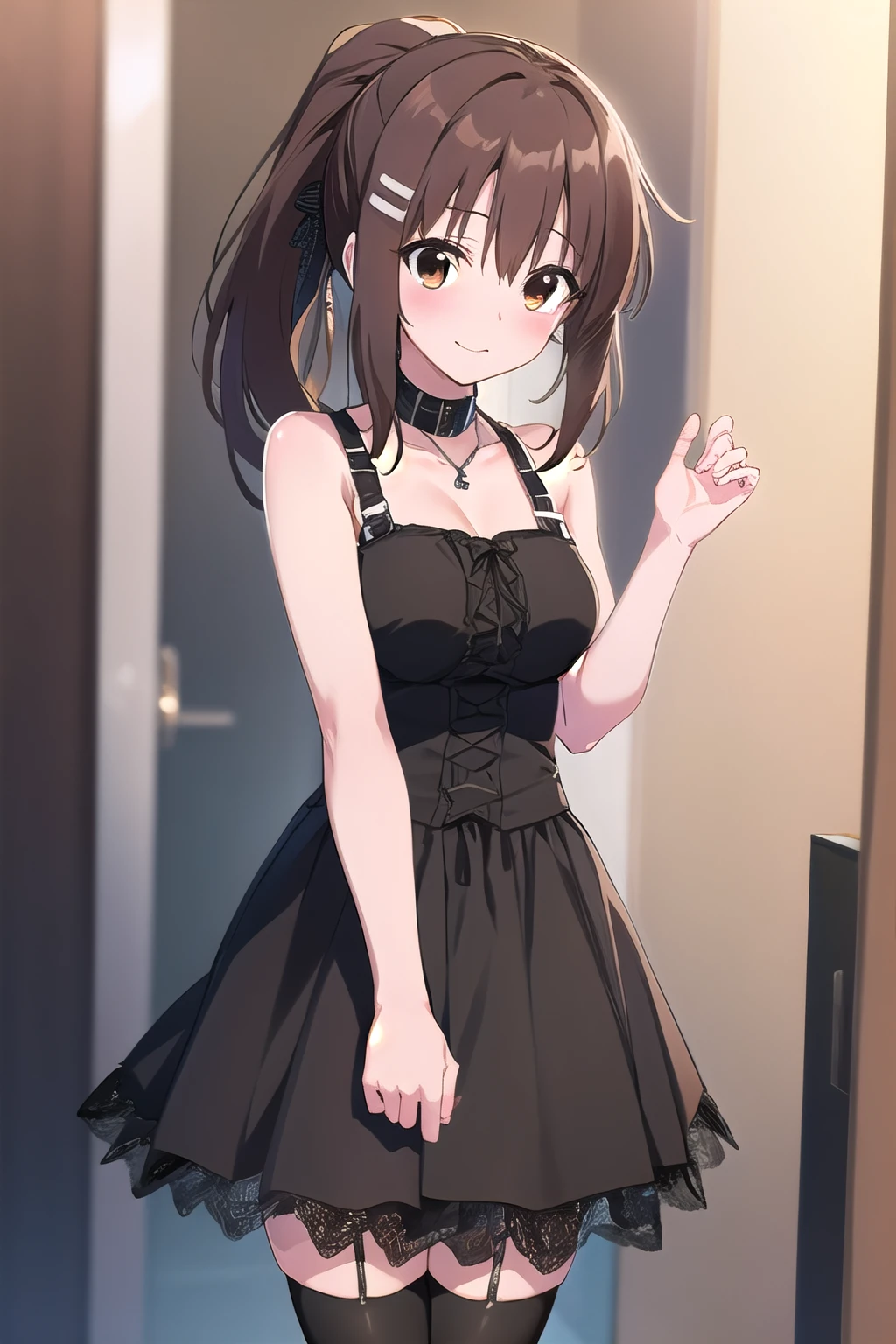 1girl,solo, <lora:Aoi2:0.4>aoisan,red eyes,brown hair,smile,blush,shy,
open door,indoors,bedroom,hallway,
hand to mouth,standing,
<lora:JanusHalloweenV1:1>,(black nightgown), miniskirt, black thighhighs
