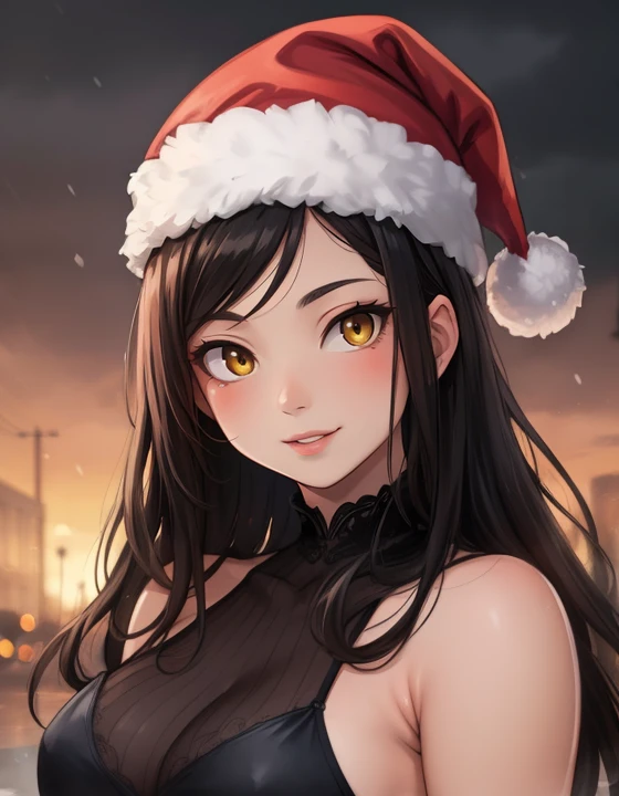 atmospheric scene, masterpiece, best quality, (detailed face, detailed skin texture, ultra detailed body), (cinematic light: 1.1), r0seb7rne-smf, solo, realistic, long hair, sensual lips, shiny lips, yellow eyes, golden eyes, looking at viewer, black hair, upper body, smile, long red and green dress, large breasts, long hair, Santa hat