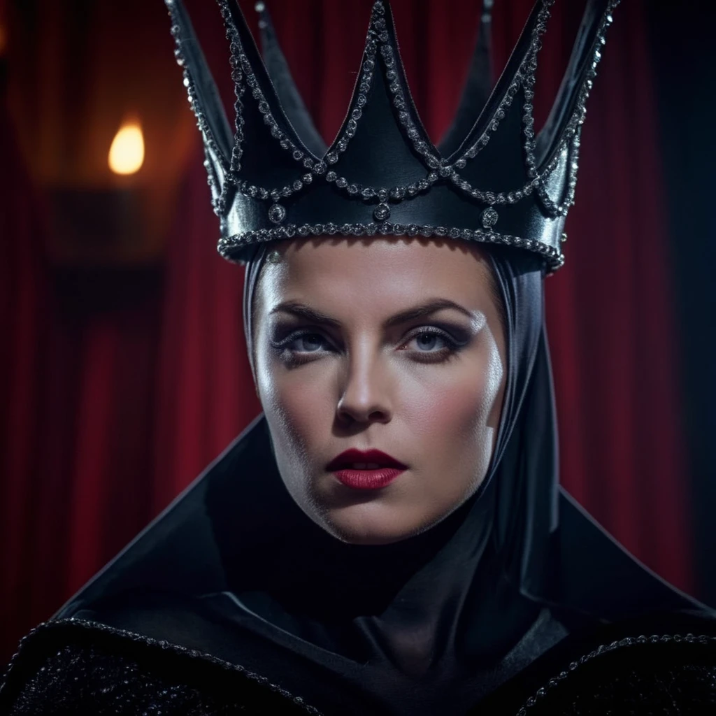 cinematic film still of  <lora:Evil Queen2:1.2>
Evil Queen a closeup of a hot woman wearing a black crown and a black evil queen costume in a dark hazy smoky room, shallow depth of field, vignette, highly detailed, high budget, bokeh, cinemascope, moody, epic, gorgeous, film grain, grainy