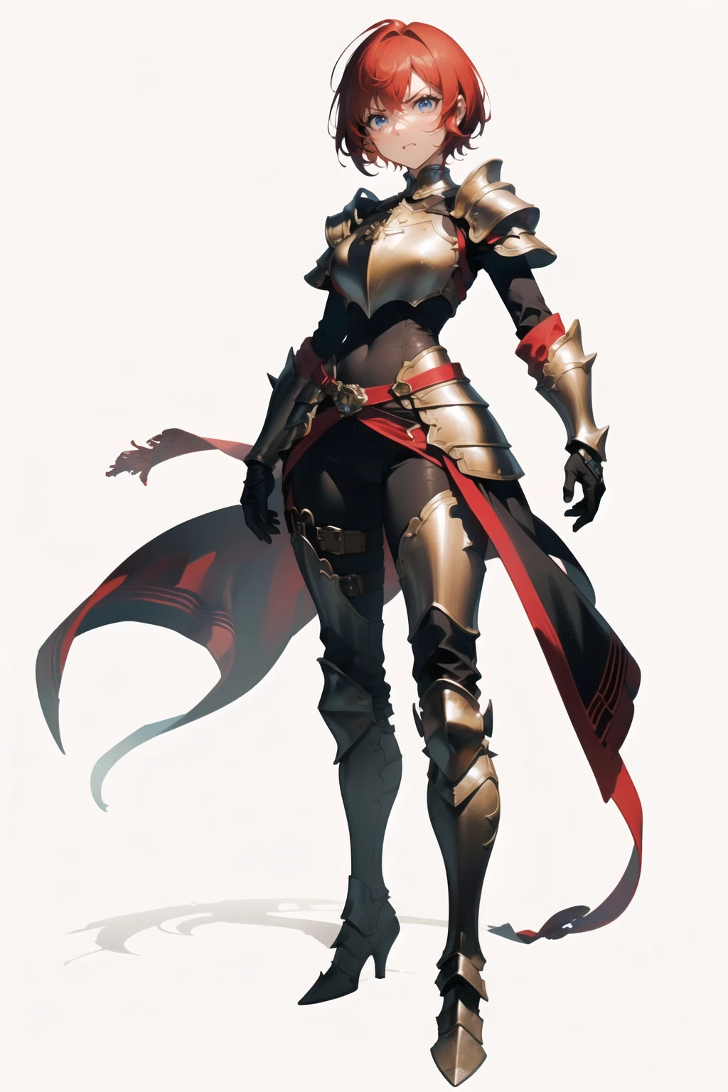 (best quality, masterpiece:1.1), <lora:Better light:0.5>, full body, looking at viewer, (1female), angry face, red hair, very short hair, spiked hair, breastplate, gloves, metal armor, (fantasy, medieval, ancient), (white background:1.3),