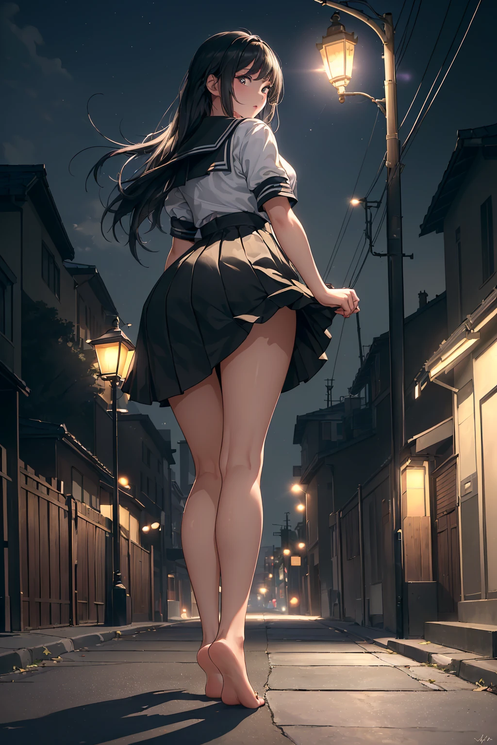 ((masterpiece, high resolution, best quality:1.4, breathtaking:1.4, ultra detailed)), (a cute woman in a street while a strong light shines on her and makes everything else dark), close-up, focus feet, barefoot, soles, standing, serafuku. night, street lamp, <lora:feetmasterlorav1.1:0.2>