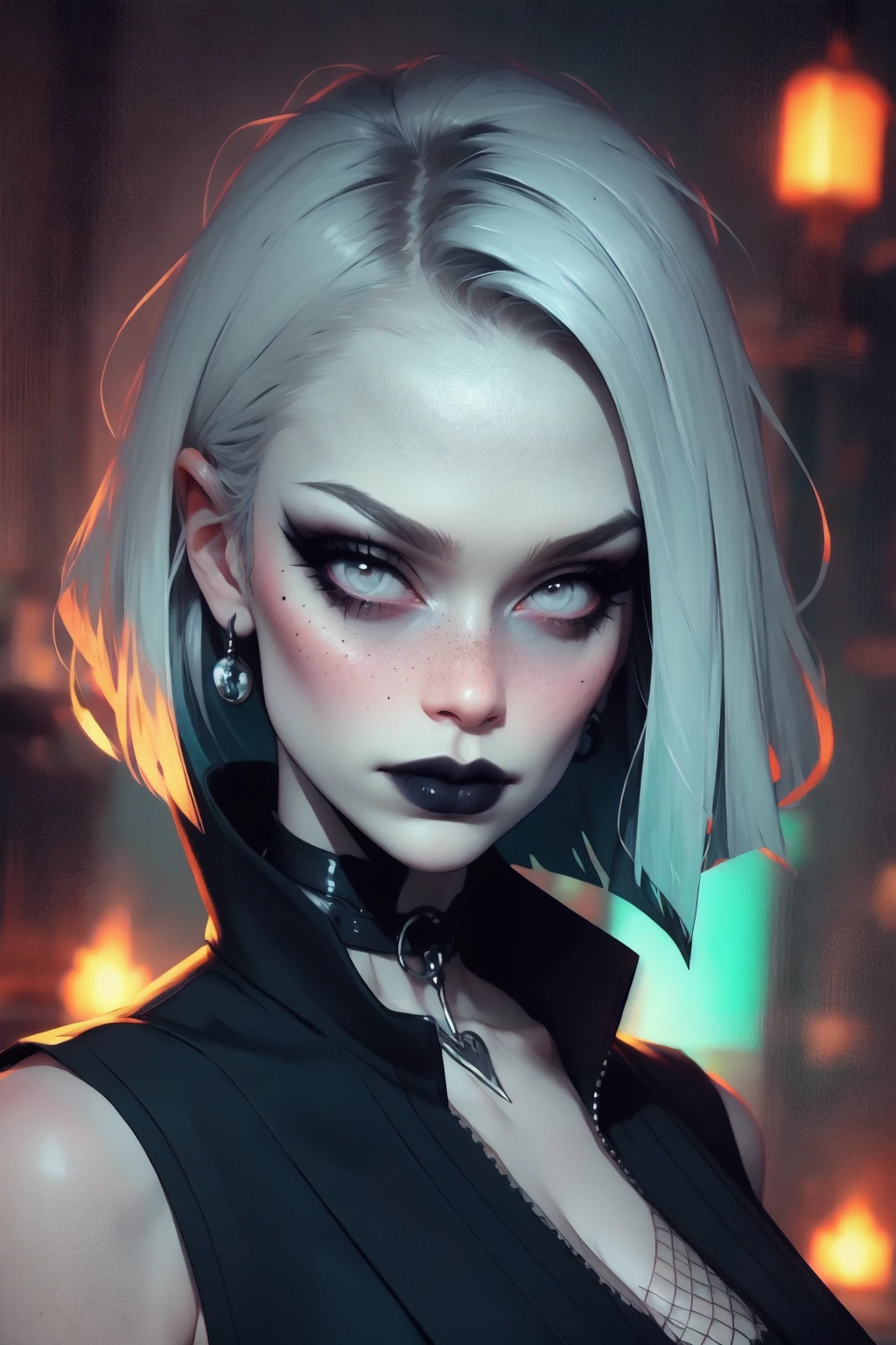 1girl, mature woman, gothic makeup, Cyan hair, Caramel lipstic, Turmeric Lob (long bob), looking at viewer, upper body, lips, realistic, freckles, Silver eyes, bare shoulders, large breasts, mole, closed mouth, sleeveless, choker, nose, medium breasts, blurry background, collarbone, eyelashes, blurry, zipper, fishnets,
speedpaint