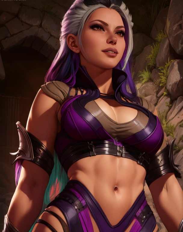 sindel,black hair,multicolored hair,lips,brown eyes, evil smile,
purple crop top,cleavage,midriff,navel,from below,
wild hair,long hair,hips,
standing,upper body,dungeons,night,mortal kombat,
(insanely detailed, beautiful detailed face, masterpiece, best quality),<lora:sindelMK1:0.7>,