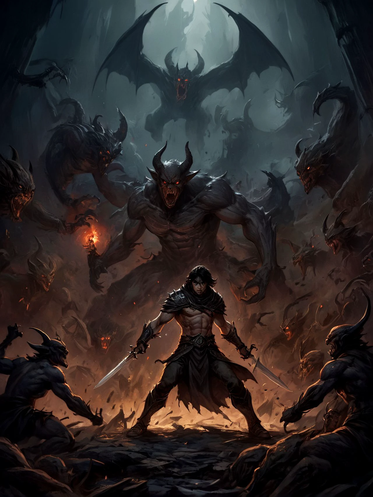 dark fantasy, hero fighting against demons, intricate, epic, cinemascope