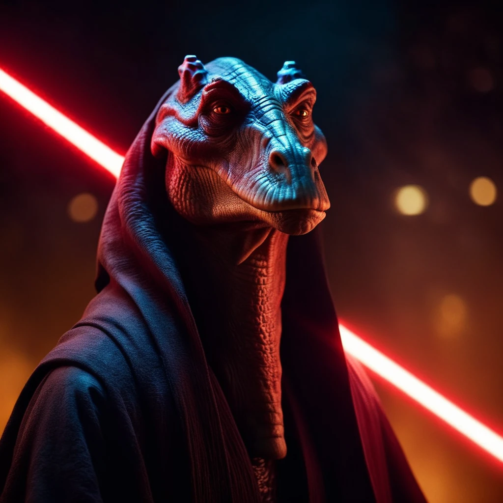cinematic film still of  <lora:darth jar jar binks:1.2>
darth jar jar binks a creature in a dark robe with a red light saber in star wars universe, shallow depth of field, vignette, highly detailed, high budget, bokeh, cinemascope, moody, epic, gorgeous, film grain, grainy