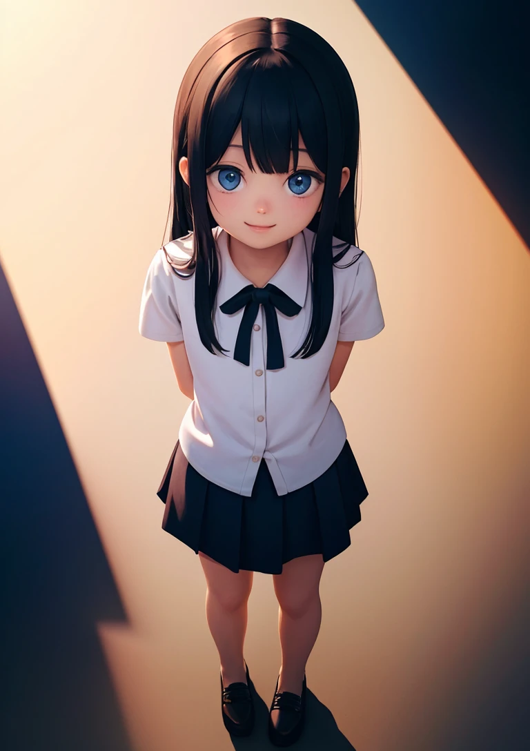 (full body, close portrait:1.5) anime illustration of a (****** girl:1.2) (standing) with a (small miniskirt), (from above), (arms behind the back, cute tilted head:1.5), (long hair, long black hair, pretty face:1.2, cute smile), (most detailed illustration, high-quality, masterpiece:1.2, 8k full HD), (ecstasy of light and shadow, volumetric light and shadows:1.2), (contest winner illustration)