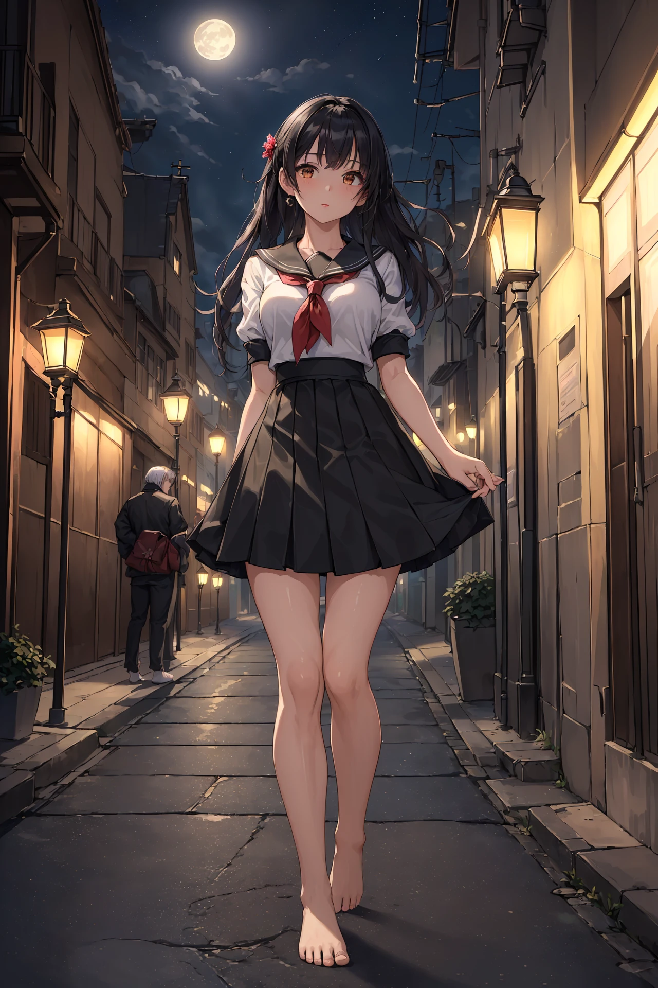 ((masterpiece, high resolution, best quality:1.4, breathtaking:1.4, ultra detailed)), (a cute woman in a street while a strong light shines on her and makes everything else dark), [full moon:8], foot, barefoot, standing, serafuku. night, street lamp, <lora:feetmasterlorav1.1:0.4>