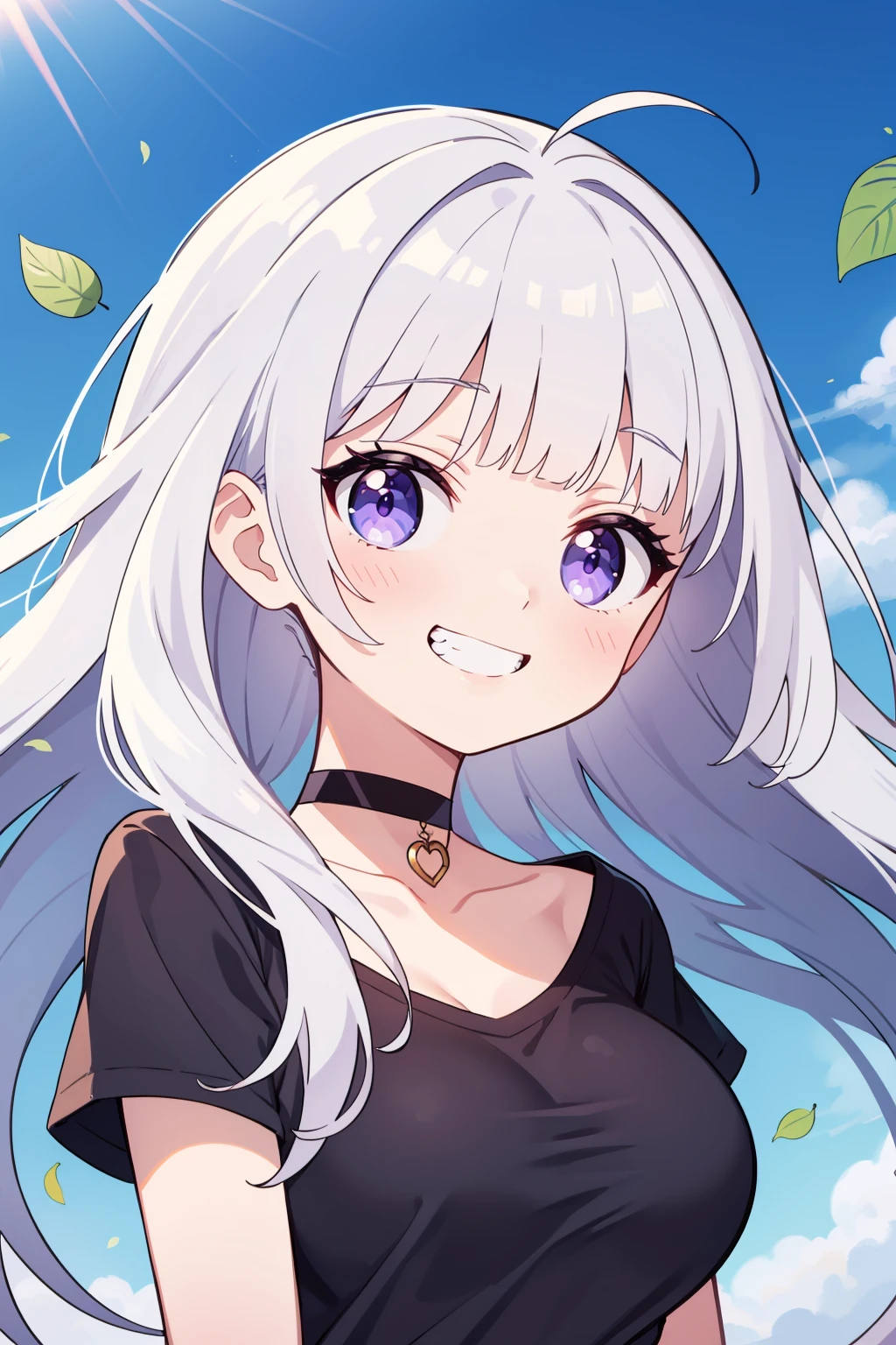 masterpiece, best quality, solo, petite, 
long hair, straight hair, silver hair, purple eyes, blunt bangs, large breasts, black t-shirt, choker, grin, 
portrait, blue sky, wind, leaf,