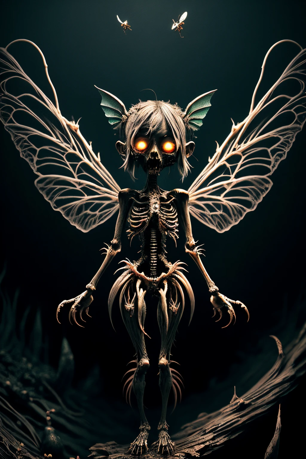 chibi zkeleton zombie pixie, adorable, large wings made of cobwebs, cave background, 1girl, surrounded by bioluminescent mushrooms, stalagmites, creepy, <lora:ral-zkeleton:0.7>