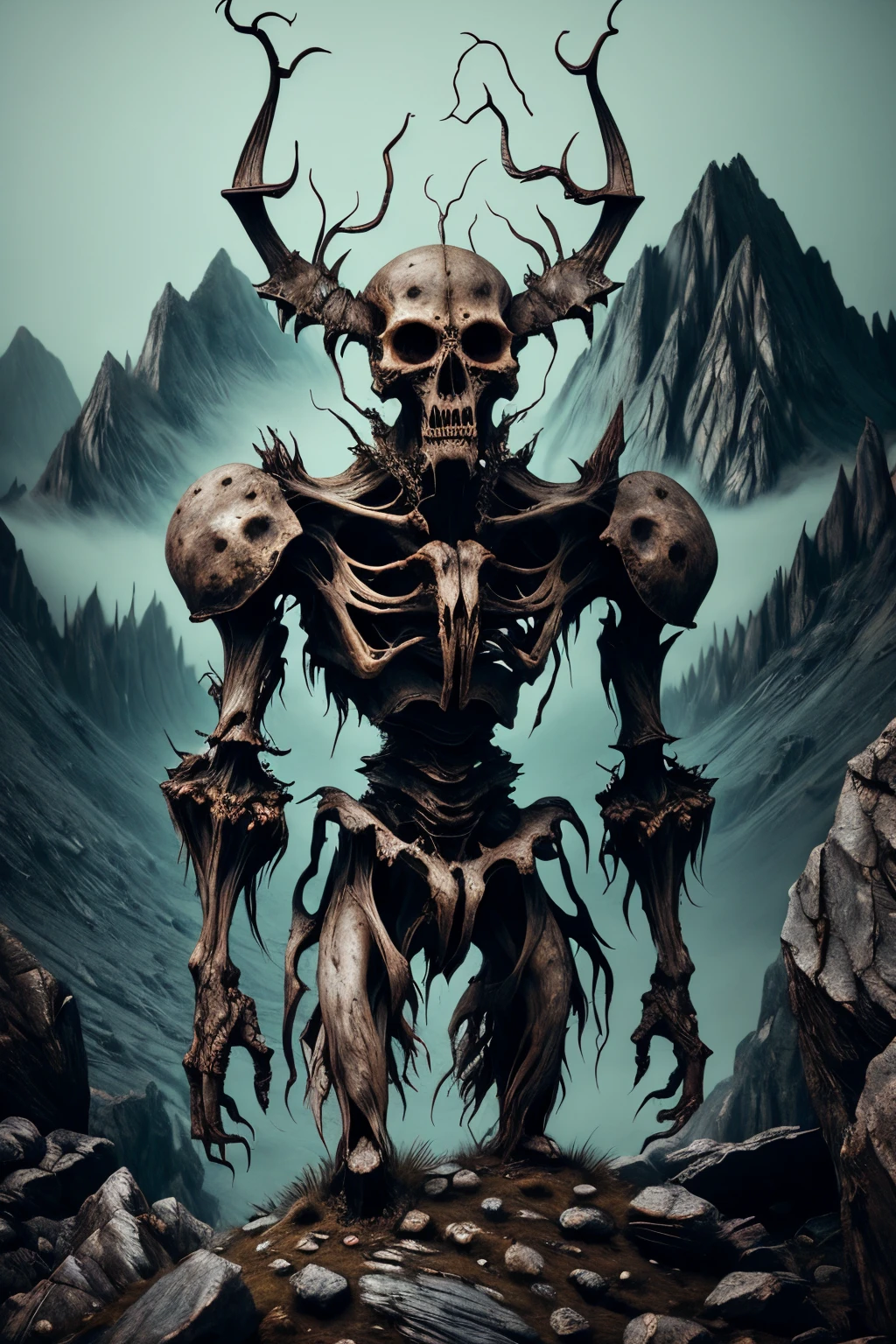 zkeleton, creepy, A steadfast mountain spirit, with rocky textures, standing tall and watching over a valley below.<lora:EnvySpiritXL02-creepy:0.6><lora:zkeleton-sdxl:0.6>