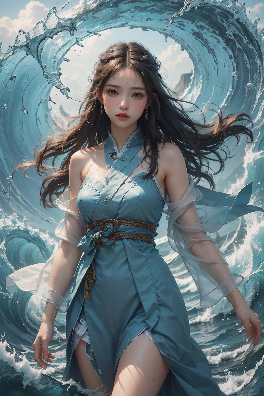 Best quality,masterpiece,ultra high res,1girl,(cowboy shot:1.4),<lora:GoodHands-beta2:1>,water,waves,filled with water energy,<lora:shui2 å æ°´ç¥:0.7>,shui2,hanfu, immortal, delicate, complex