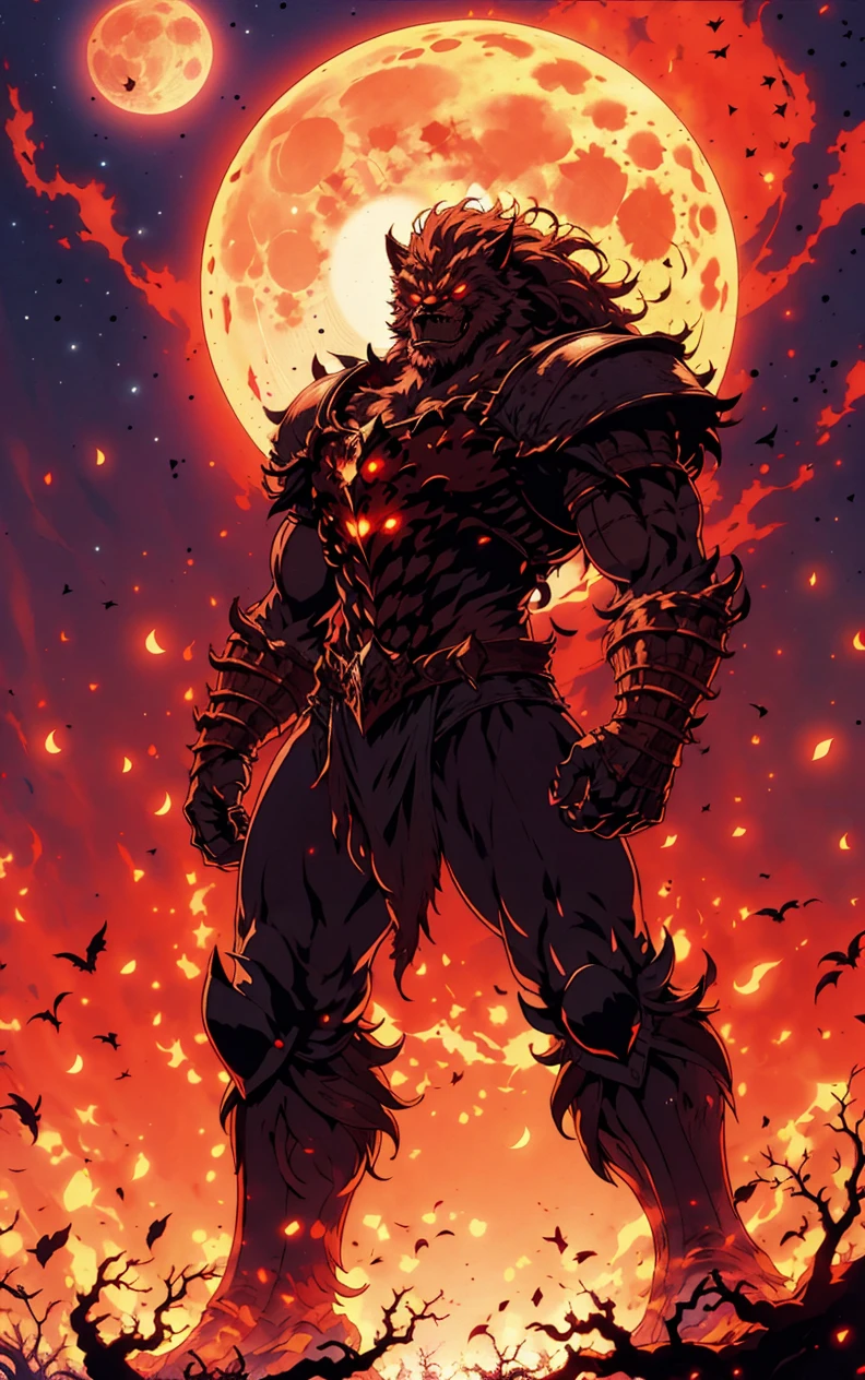 a giant werewolf standing in front of a full moon, armor on  arms, bloodborne, furry art, <lora:Retro_Anime-000002:.7> retro anime, textured