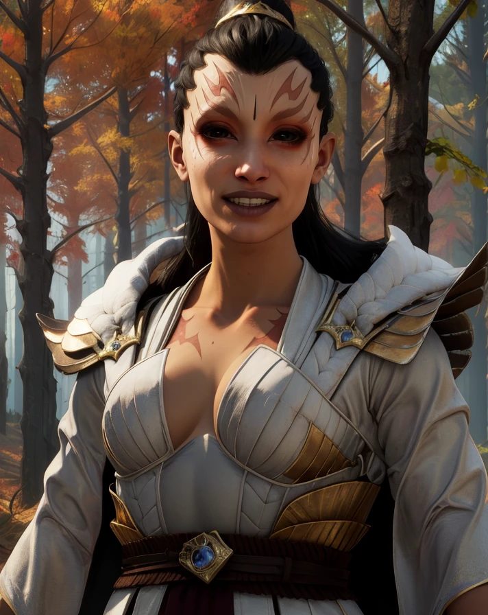 ashrah,black hair,white robes. gold trim,cleavage,black eyes,facial mark,
standing,upper body,smile,
morning,autumn,forest,
(insanely detailed, beautiful detailed face, masterpiece, best quality),<lora:ashrahMK1-10v9:0.8>,
