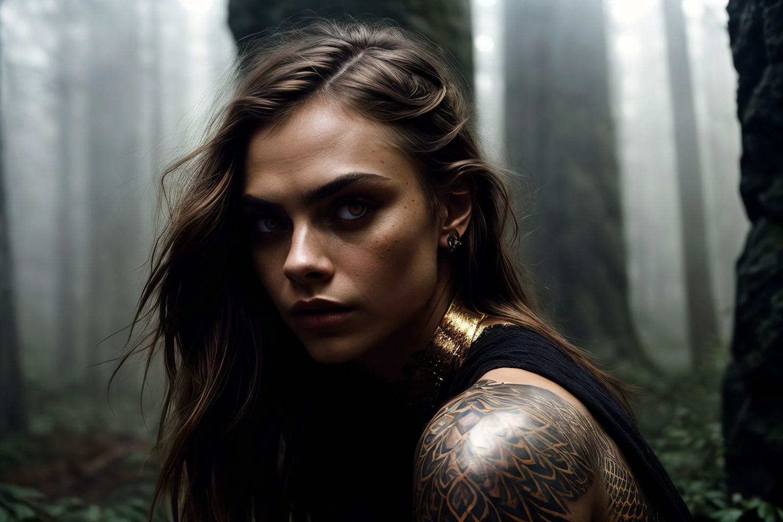 artistic photography, (symetric compositiont:1.5), (Medium Close-Up Shot:1.1) photo of 1girl ,beautiful, (demonic goddess with yelow glowing eyes with reptilian pupils:1.35), (Cara Delevingne|keira knightley), (gold intricite tattoos on the neck:1.3), sharp facial feathers, short burgundy hair with gold highlights, (fitness body type:1.2), voluptuous, vivid colors , (dust, fog, mist, particles around her body: 1.35), (angry looking straight at viewer) Deep view, (lights:1.1), (detailed skin textures:1.1), (in old mystic forrest:1.1), (bokeh, particle efects,:1.3), , (she sits on a monumental rock:1.3), she iis wearing tight short gold ornate dress, <lora:add_detail:1> ( natural moody light:1.1), (evening:1.3), ( hasselblade, 4 kodak portra 400 camera, f5 lens, (rich colors:1.1),sharp focus, natural, lifelike texture, dramatic lighting, cinestill 800, deep shadow, cinematic,)