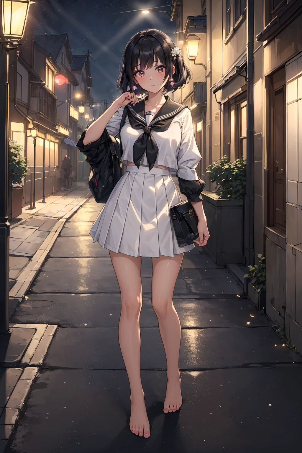((masterpiece, high resolution, best quality:1.4, breathtaking:1.4, ultra detailed)), (a cute woman in a street while a strong light shines on her and makes everything else dark), foot, barefoot, standing, serafuku. night, street lamp, <lora:feetmasterlorav1.1:0.4>