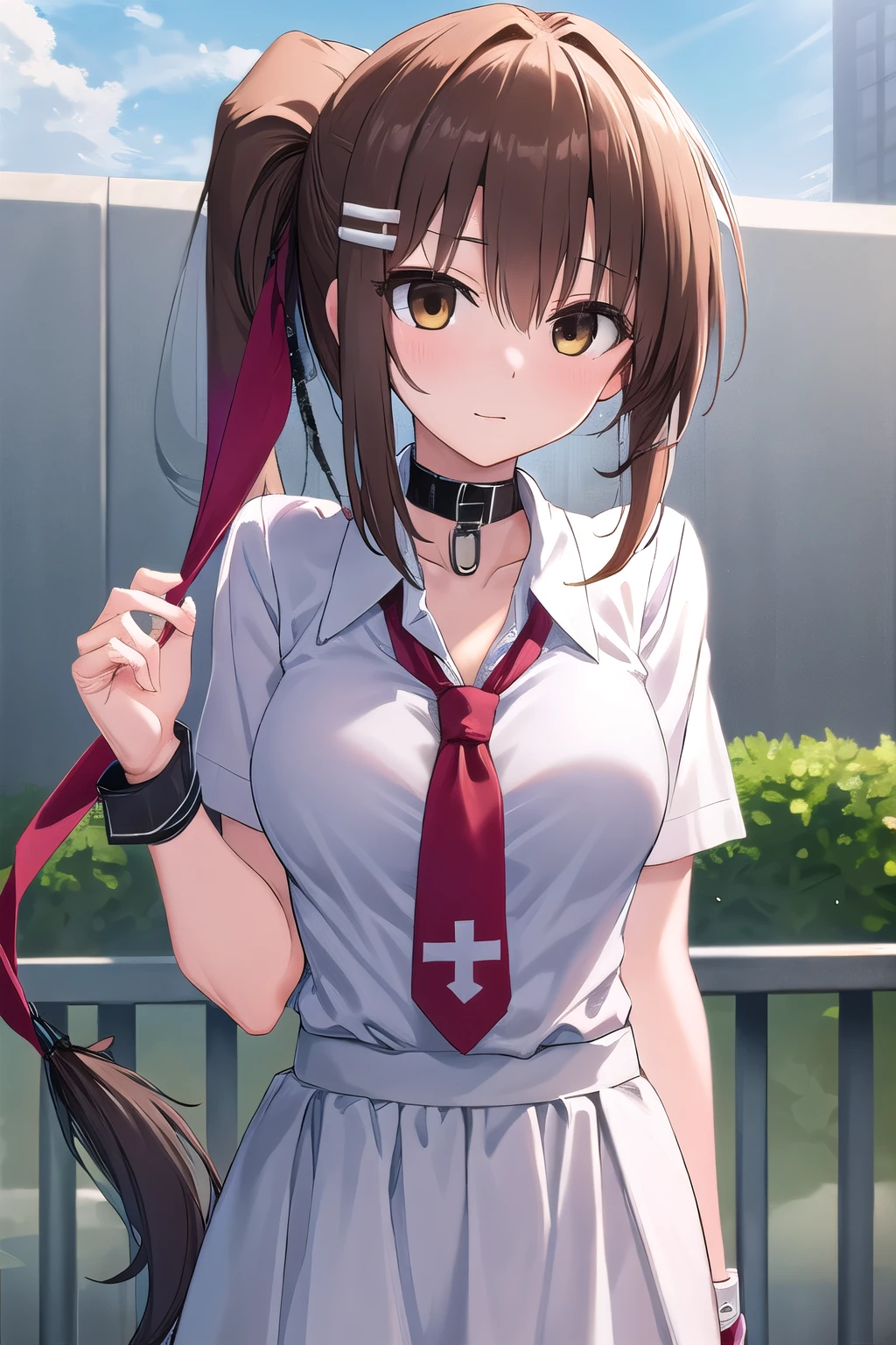masterpiece, best quality, ultra-high-detailed, Minakami Yuki, brown hair, brown eyes, ponytail, choker, pin, armband, red necktie, white gown,