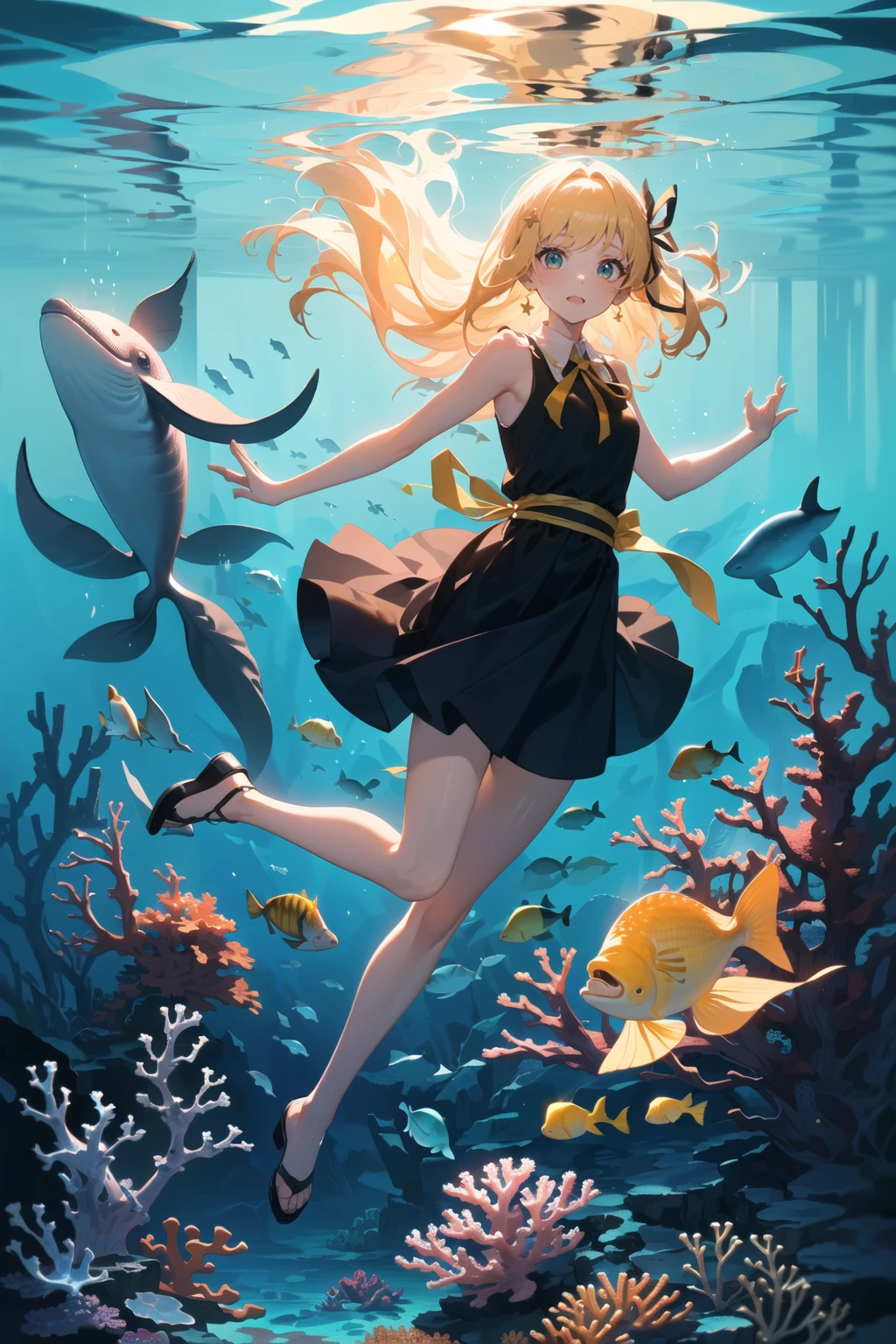 (best quality, masterpiece:1.1), full body, looking at viewer, staring, (1female), aroused face, golden hair, medium hair, wavy hair, sleeveless dress, sleeveless, ribbon, ( water blob, few coral reef, fishes, jerryfish, whale, seaweeds),