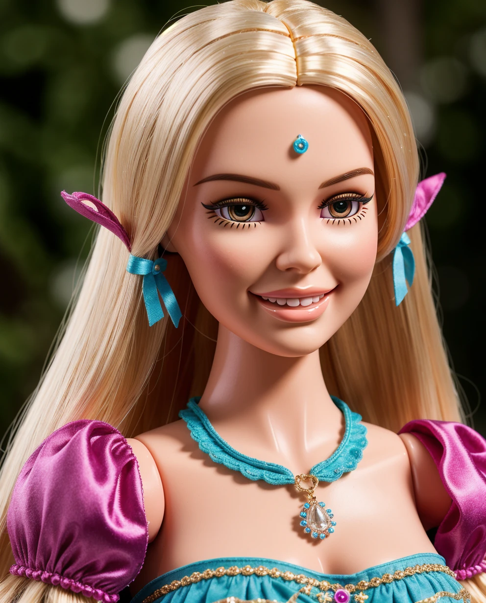Legend of Zelda style Doll, barbie, hair blonde, smile, realistic, HD, 8k,  . Vibrant, fantasy, detailed, epic, heroic, reminiscent of The Legend of Zelda series