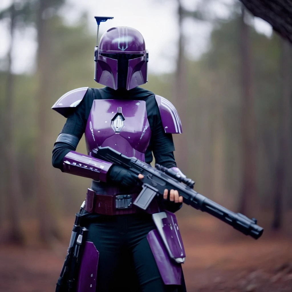 cinematic film still of  <lora:Mandalorian style:1.2>
in star wars universe a woman in a purple outfit holding a gun Mandalorian style, shallow depth of field, vignette, highly detailed, high budget, bokeh, cinemascope, moody, epic, gorgeous, film grain, grainy