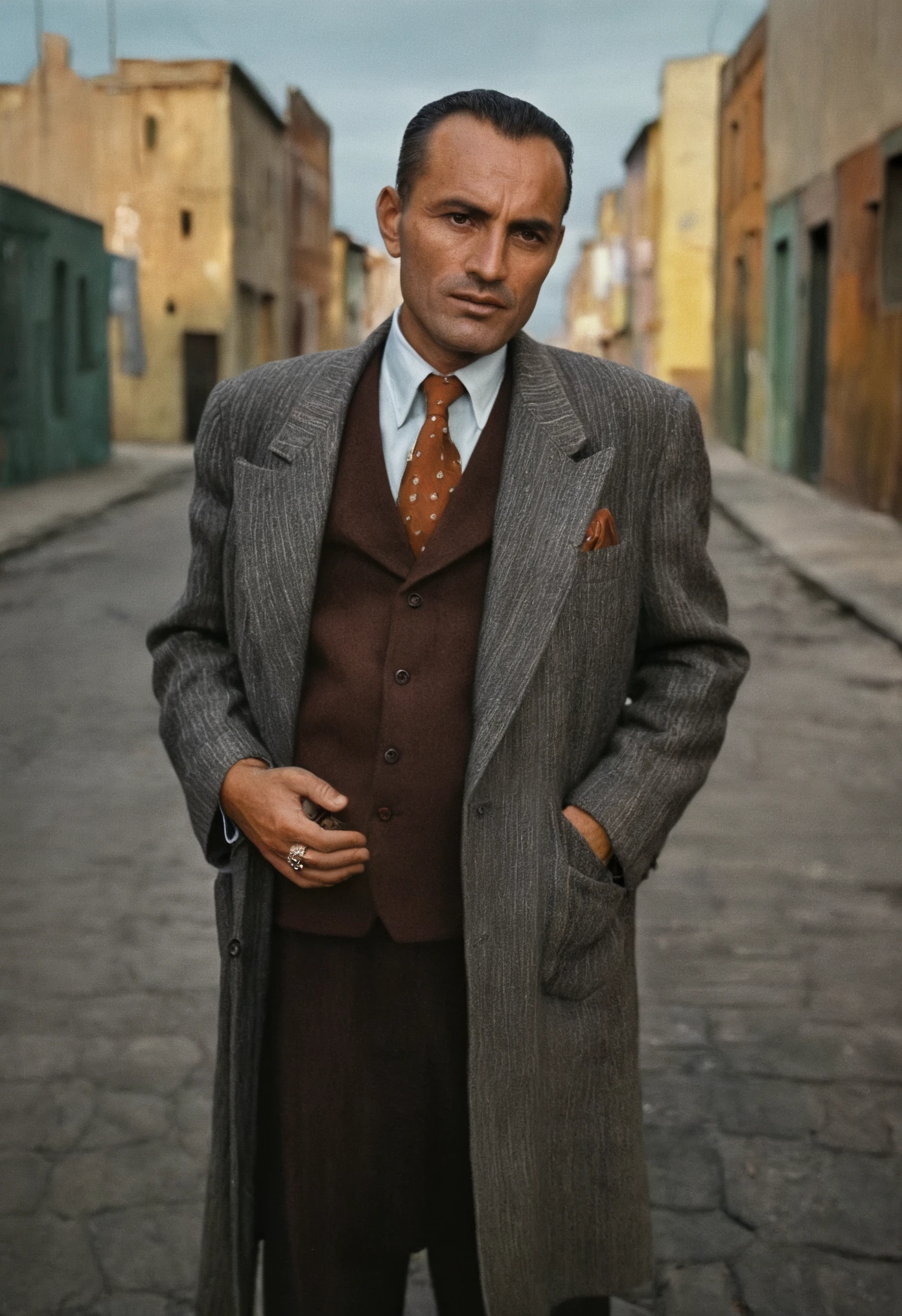 Photography in (stvmccrr style), a mobster, analog film, film grain, kodachrome, natural lighting, 8k, hdr, masterpiece, award winning photography