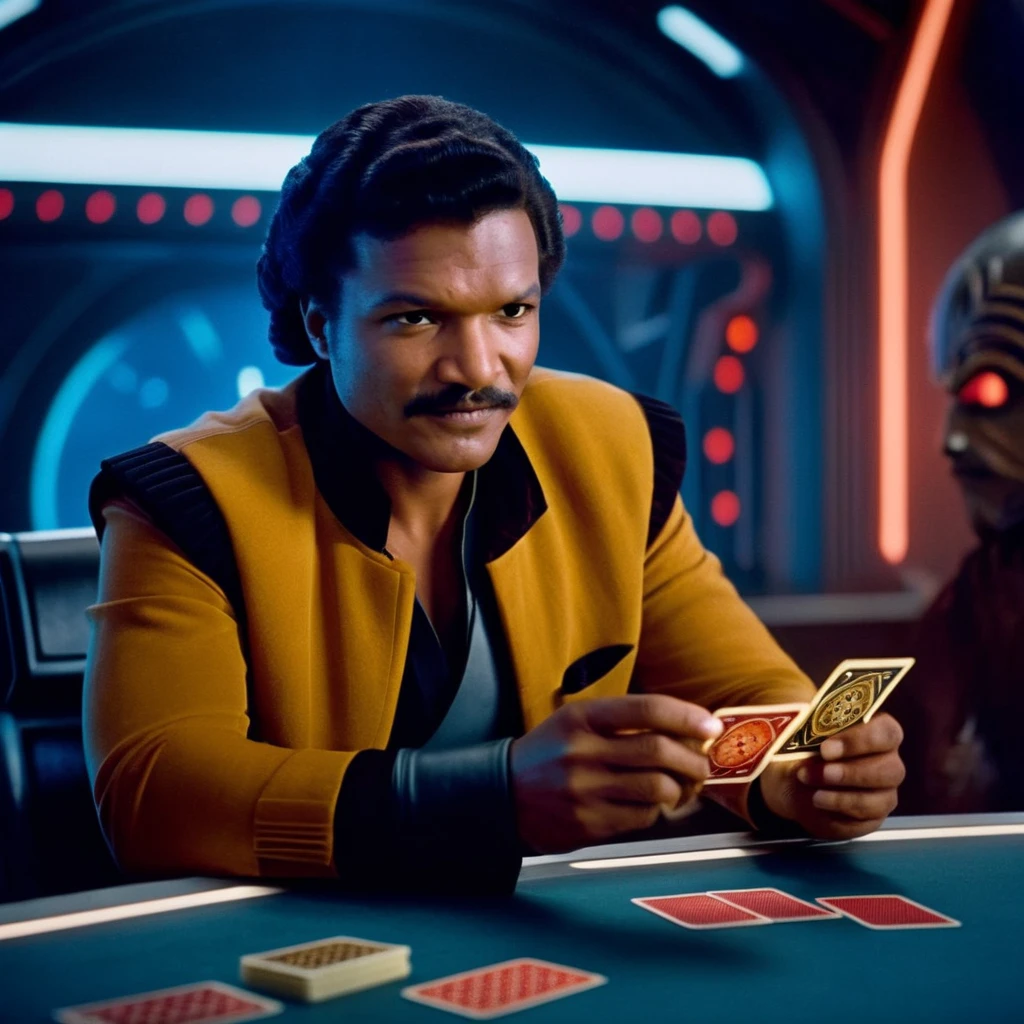 cinematic film still of <lora:Lando Calrissian:1.2>
Lando Calrissian a man sitting at a table with a card game in star wars universe, shallow depth of field, vignette, highly detailed, high budget, bokeh, cinemascope, moody, epic, gorgeous, film grain, grainy